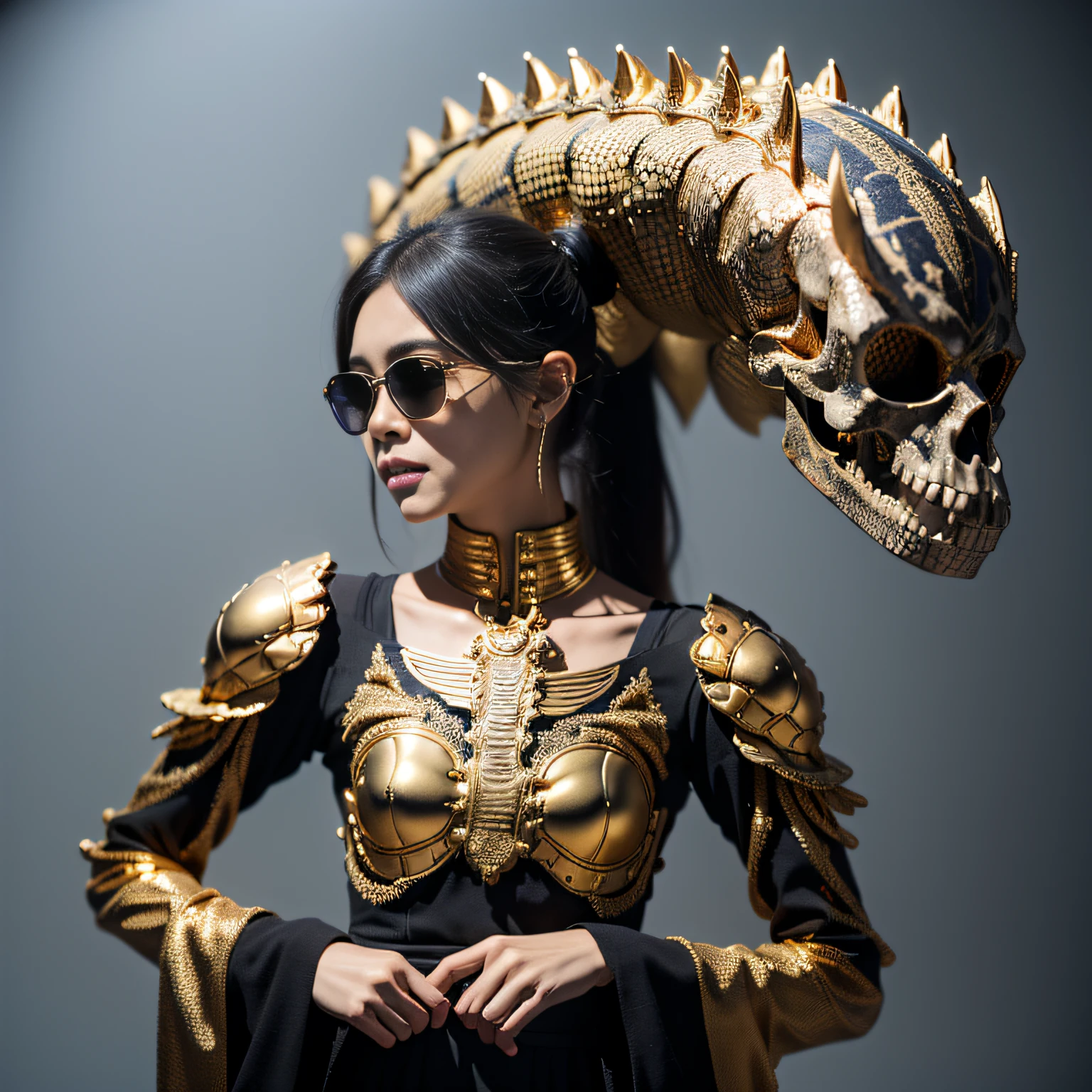 Crocodile pond,32K(tmasterpiece,k hd,hyper HD,32K)Burgundy double ponytail,flower stick,Indigo Skull King ,Hold the heavy wooden steering wheel (The skeleton is realistic:1.4),Crocodile pattern robe,Rusty skull ornaments,Sargin linen cloak,Petals flutter,Deep gold sunglasses,Hold your head high,Be proud,The nostrils look at people,A primary and secondary school student, A high resolution,Xueba, the detail, RAW photogr, Sharp Re, Nikon D850 Film Stock Photo by Jefferies Lee 4 Kodak Portra 400 Camera F1.6 shots, Rich colors, ultra-realistic vivid textures, Dramatic lighting, Unreal Engine Art Station Trend, cinestir 800,Hold your head high,Lateral face,Be proud,The nostrils look at people,Tsundere,Petals flutter,Petals flutter,Crocodiles sprinkled with gold dust,Fluttering,Impeccable,( reasonable design, Clear lines, High sharpness,Best quality, Very detailed skeleton, The skeleton of a masterpiece, offcial art, movie light effect, 8K crocodile skeleton(((Platinum marble sunglasses)))Deep gold sunglasses,side portrait
