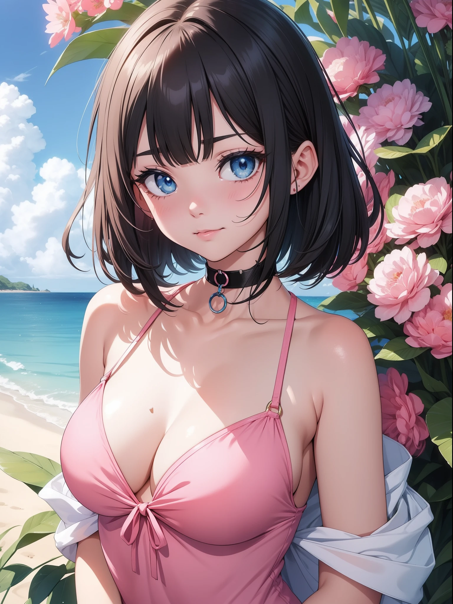 Official art、Top quality ultra-detailed CG art、a beauty girl：１.２）、Kurokami、Glossy hair、smooth hair、large blue eyes,Mid summer、kawaii、The sky is beautiful、Cute、bob cuts、Pink choker、Pink swimsuit、ssmile、