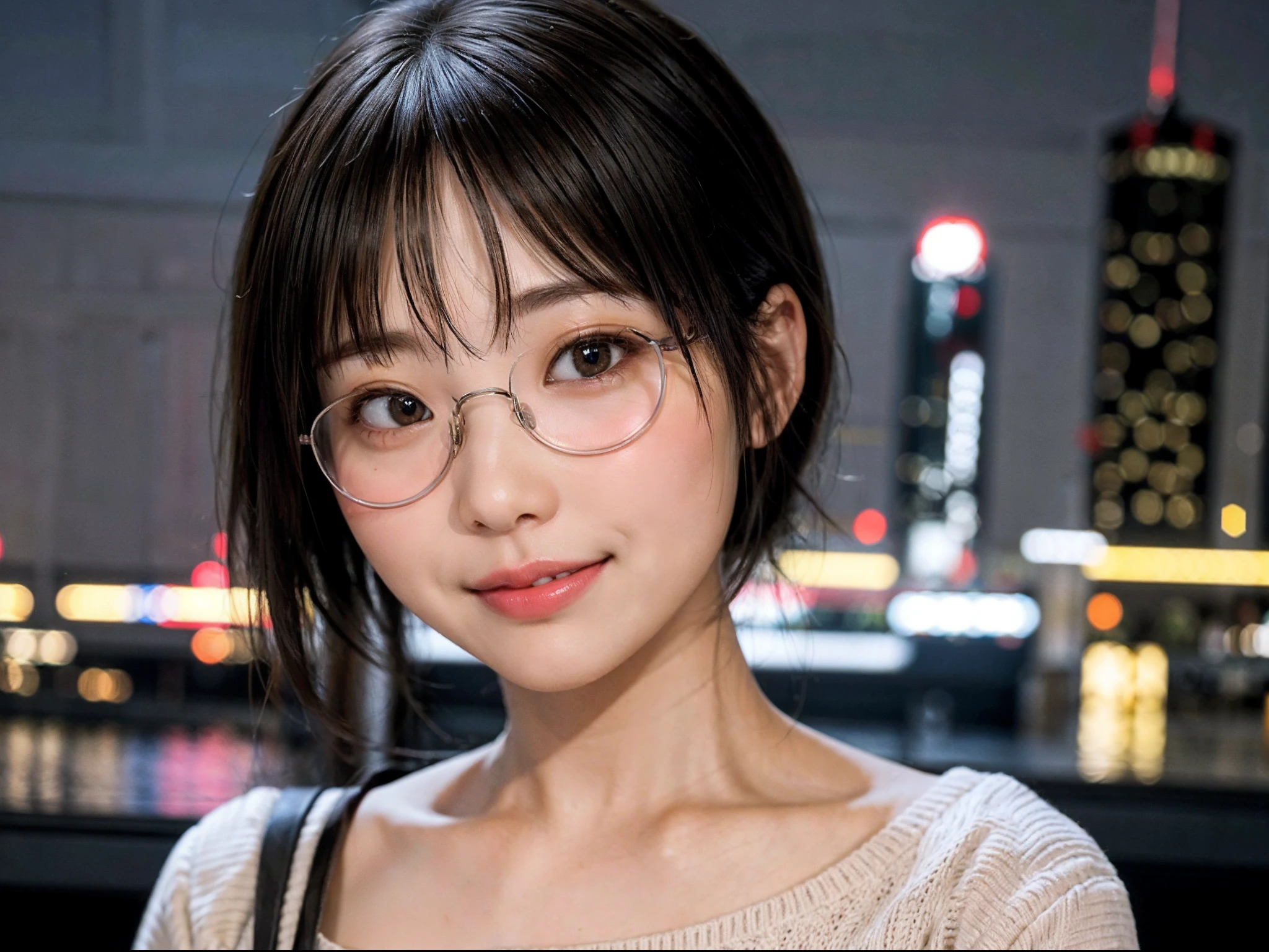 Japan girls in casual clothes、Watch your audience、Tokyo cityscape at night、(top-quality、Master masterpiece)))、HD fine、ighly detailed、Master masterpiece、电影灯光、(8K、top-quality、Master masterpiece:1.2)、(realisitic、Photorealsitic:1.37) Hi-Res、Super Detail、Woman with glasses、Silent look、Round glasses、Asian, cute little, Cute face, Solo, Short hair 1.2, Textured skin, Beautiful smile, Beautiful detailed night sky, night landscape, 电影灯光, depth of fields, Lens flare light、Dating、(blush nose)、、(Mouth closed)tiny chest、Beautiful eye for detail、(Sweaters:1.1)、(Short hair:1.2)、Floating hair Nova frog style、