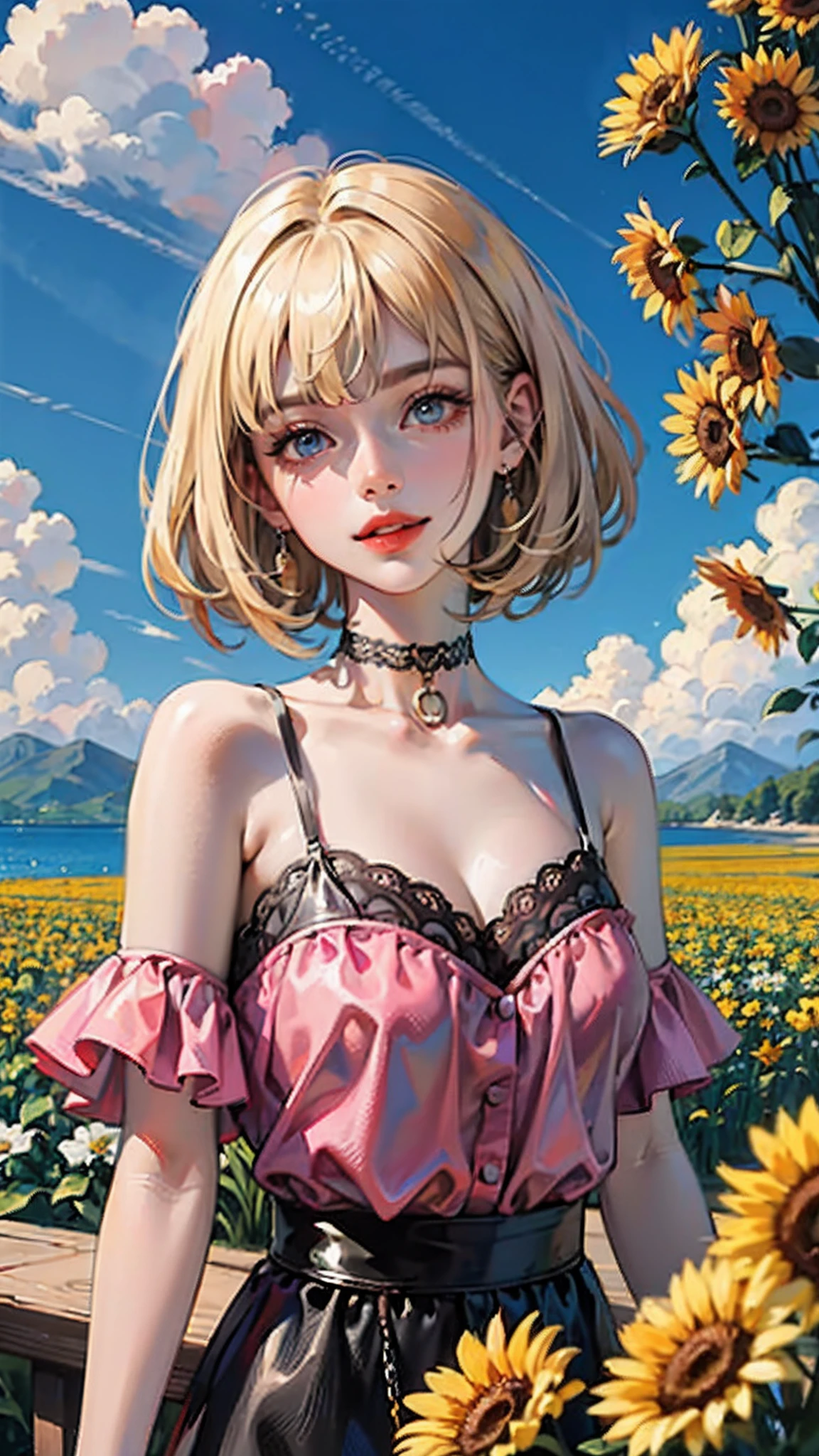 (realistic,painting_style,)mature, 1girl, solo, amelia watson, virtual youtuber,blonde hair, blue eyes, choker, flower, short hair, realistic eyes, head tilt, smug, looking_at_viewer, sky, mountain, outdoors, cloud, bangs, upper body, pink flower, collarbone, orange shirt, parted lips, lips, lace trim, smile, black choker, mountainous horizon, cloudy sky, standing, holding_flowers