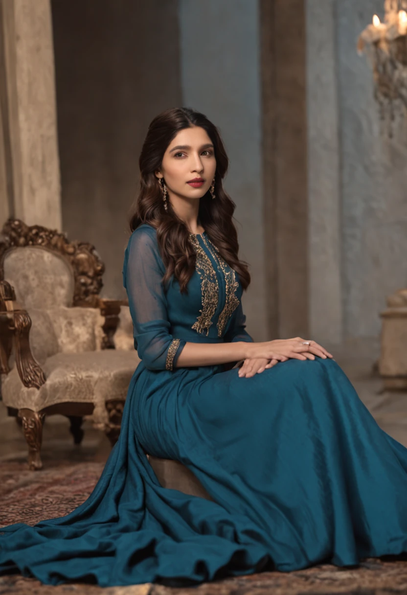 woman in a blue dress sitting on a chair in front of a mirror, mahira khan as a d&d wizard, mahira khan as a mage, arab ameera al-taweel, faridah malik, khyzyl saleem, ameera al-taweel, arab ameera al taweel, inspired by Lubna Agha