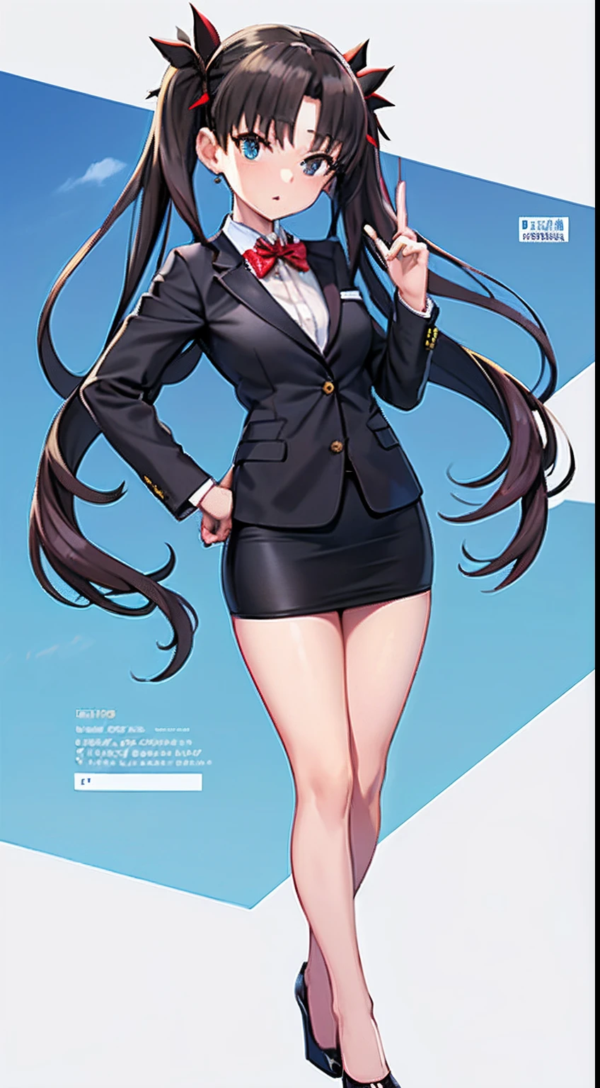 (best quality), [masterpiece], ((beautiful:0.75) cute girl:0.75), [clear and clean] pixiv (illustration), ((RinTohsaka)), black hair, twintails, skirt suit, blazer, pencil skirt, high heels, full body