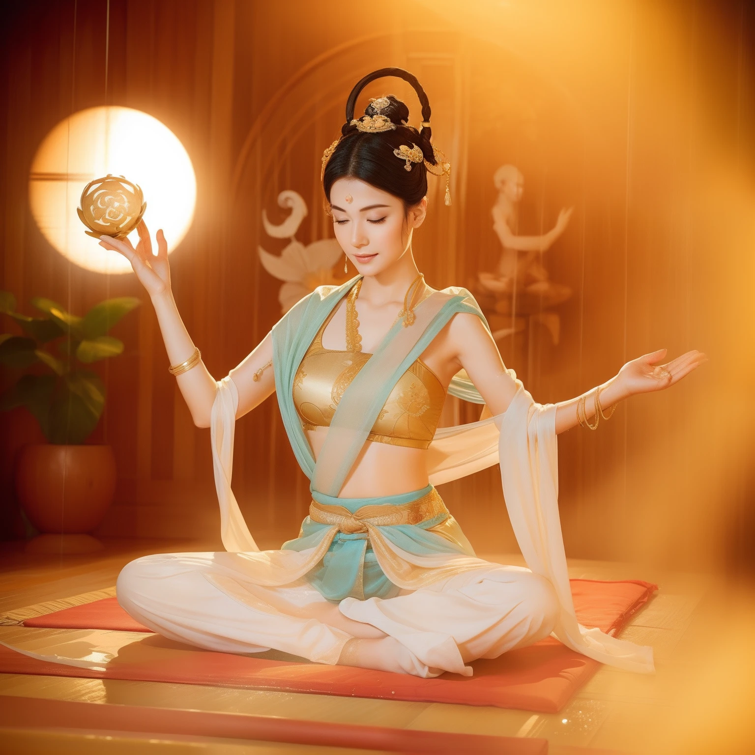 Sexy Zen concubine sitting in hot room meditating,(Yoga lotus sitting),(Complete,Delicate and good-looking face),(Get wet all over your body )