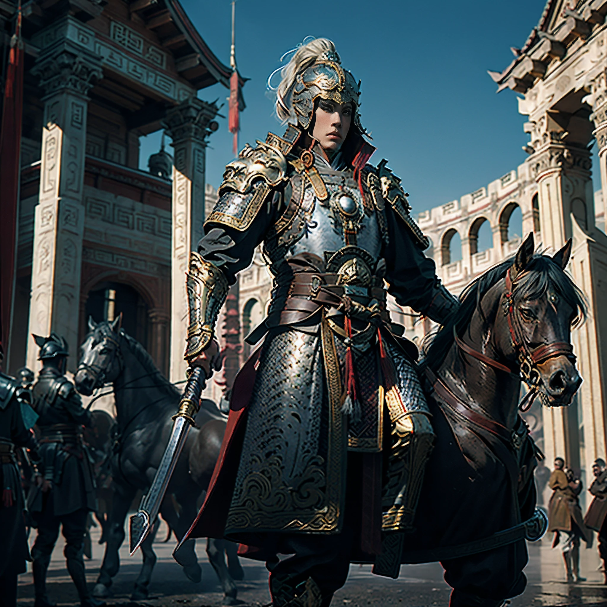 in a panoramic view,sportrait,photorealestic,Modern style,Blue sky, the great wall,3girl,Three generals,Dressed in gorgeous golden Chinese armor,Golden helmet,Riding a black war horse,holding sabre,Stand in front of the Great Wall,Sharp eyes,professinal,Meistwick,commissioned,best qualtiy,color corrected,After fixation,Retouching,Improvement,Epic,Tone-mapping,the detail, highly detailed, digitial painting, art stations, Conceptual map of the long dam, Smoothness, Sharp focus, Beautiful illustration, photore, The light from the back window is backlighted, 动态照明, Mist, 复杂, cinematic grain, professinal, face to the viewer,(Beautiful m3d_woman, Perfect M3D_face,), Volumetriclighting, subsurfacescattering, Good highlights, Good shadows, cinematic ligh