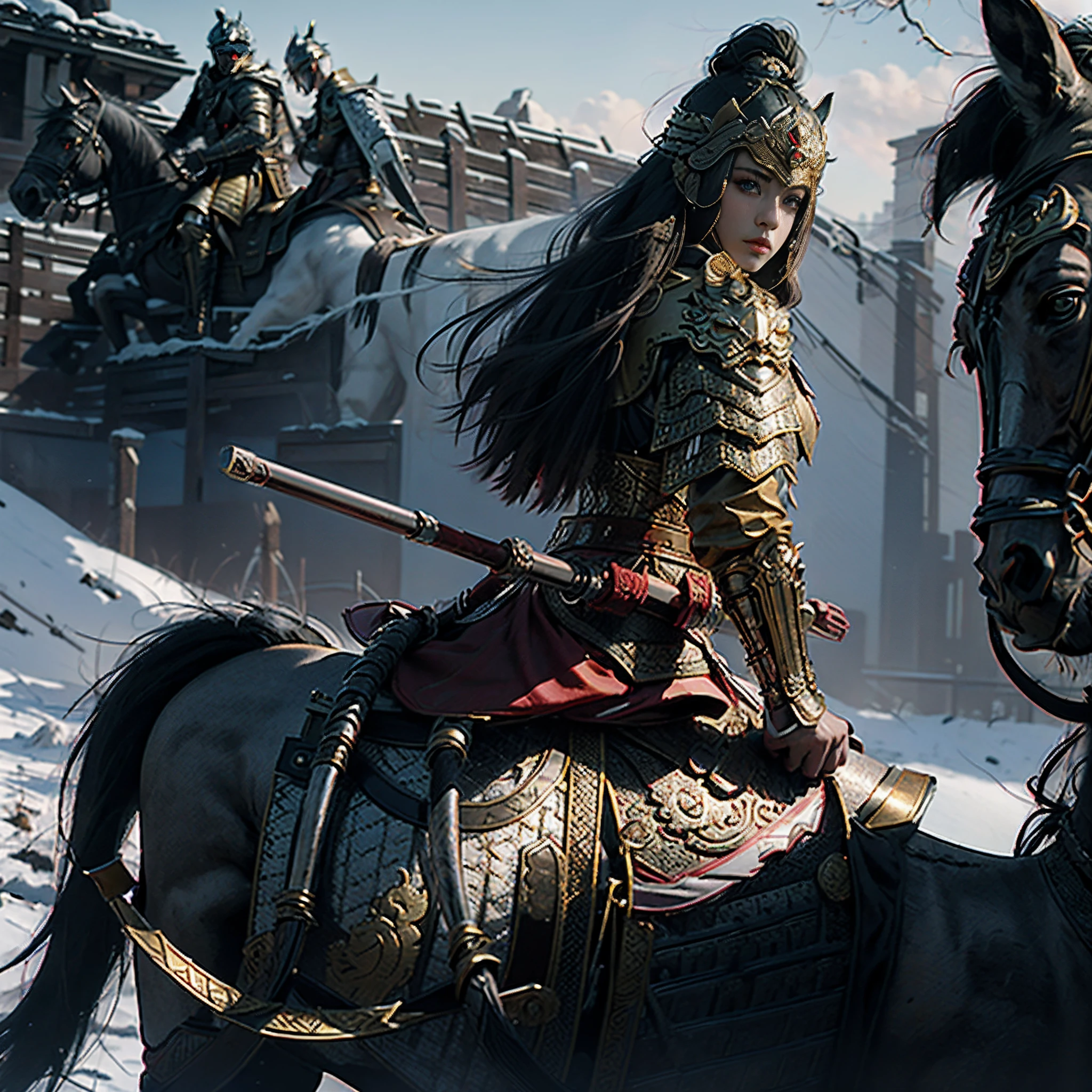 in a panoramic view,sportrait,photorealestic,Modern style,Blue sky, the great wall,3girl,Three generals,Dressed in gorgeous golden Chinese armor,Golden helmet,Riding a black war horse,holding sabre,Stand in front of the Great Wall,Sharp eyes,professinal,Meistwick,commissioned,best qualtiy,color corrected,After fixation,Retouching,Improvement,Epic,Tone-mapping,the detail, highly detailed, digitial painting, art stations, Conceptual map of the long dam, Smoothness, Sharp focus, Beautiful illustration, photore, The light from the back window is backlighted, 动态照明, Mist, 复杂, cinematic grain, professinal, face to the viewer,(Beautiful m3d_woman, Perfect M3D_face,), Volumetriclighting, subsurfacescattering, Good highlights, Good shadows, cinematic ligh