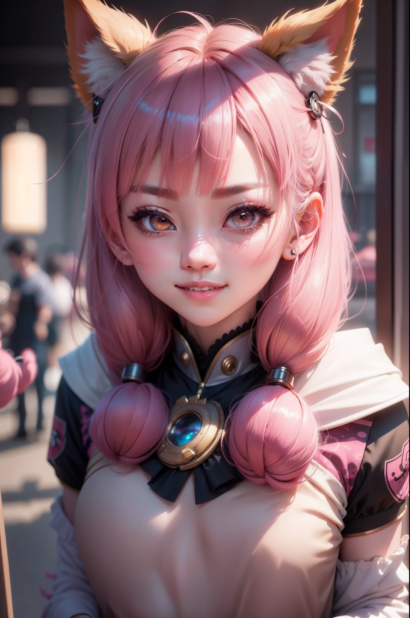 k-pop, hair bobbles, wince, longeyelashes, solid circle eyes, fake animal ears, light smile, ear blush, fang, Surrealism, drop shadow, anaglyph, stereogram, tachi-e, pov, atmospheric perspective, 8k, super detail, ccurate, best quality