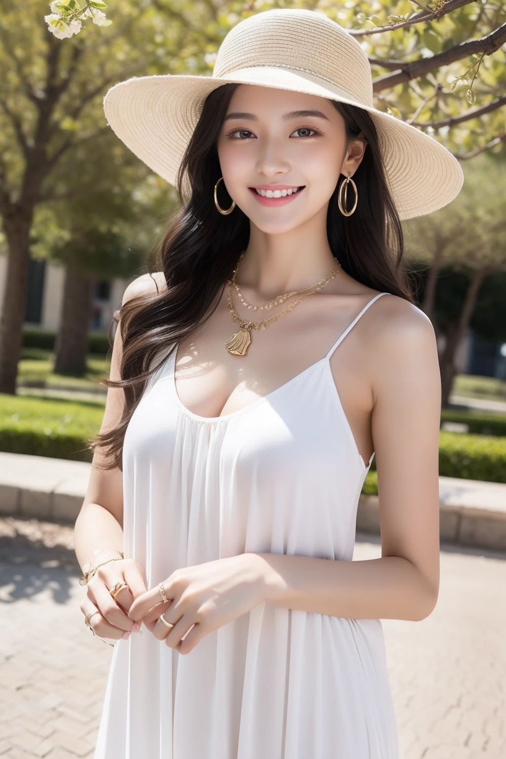 17-year-old beautiful girl、Light natural makeup、Lustrous long black hair、long legged、thin and large breasts,、Beautiful eyes、Happy smile、White dress and hat、jogging、Hold the hat in one hand、Casual and simple earrings and necklaces、Women's Watches、sandal、Spring breeze and spring steppe