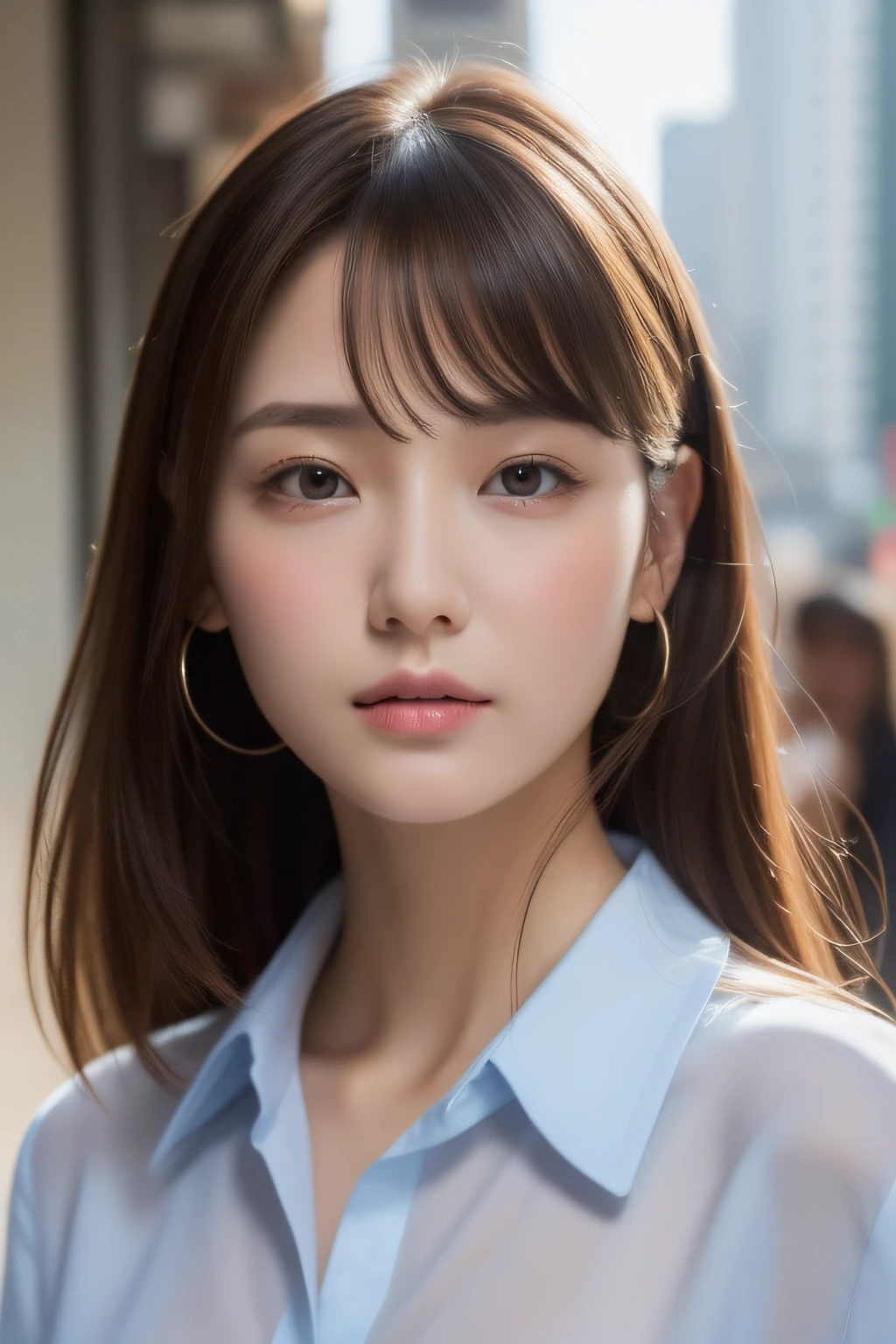 ((best qualtiy,8k,tmasterpiece:1.3)),Clear focus:1.2,one pretty woman,perfect body figure:1.4,Slender abs:1.2,(dark brown hair,:1.2)),(White button up long shirt:1.1),the city street:1.2,Highly Detailed Face and Skin Textur,Detailed eyes,二重まぶた, huge tit:1.2,Bust photo,ID photo