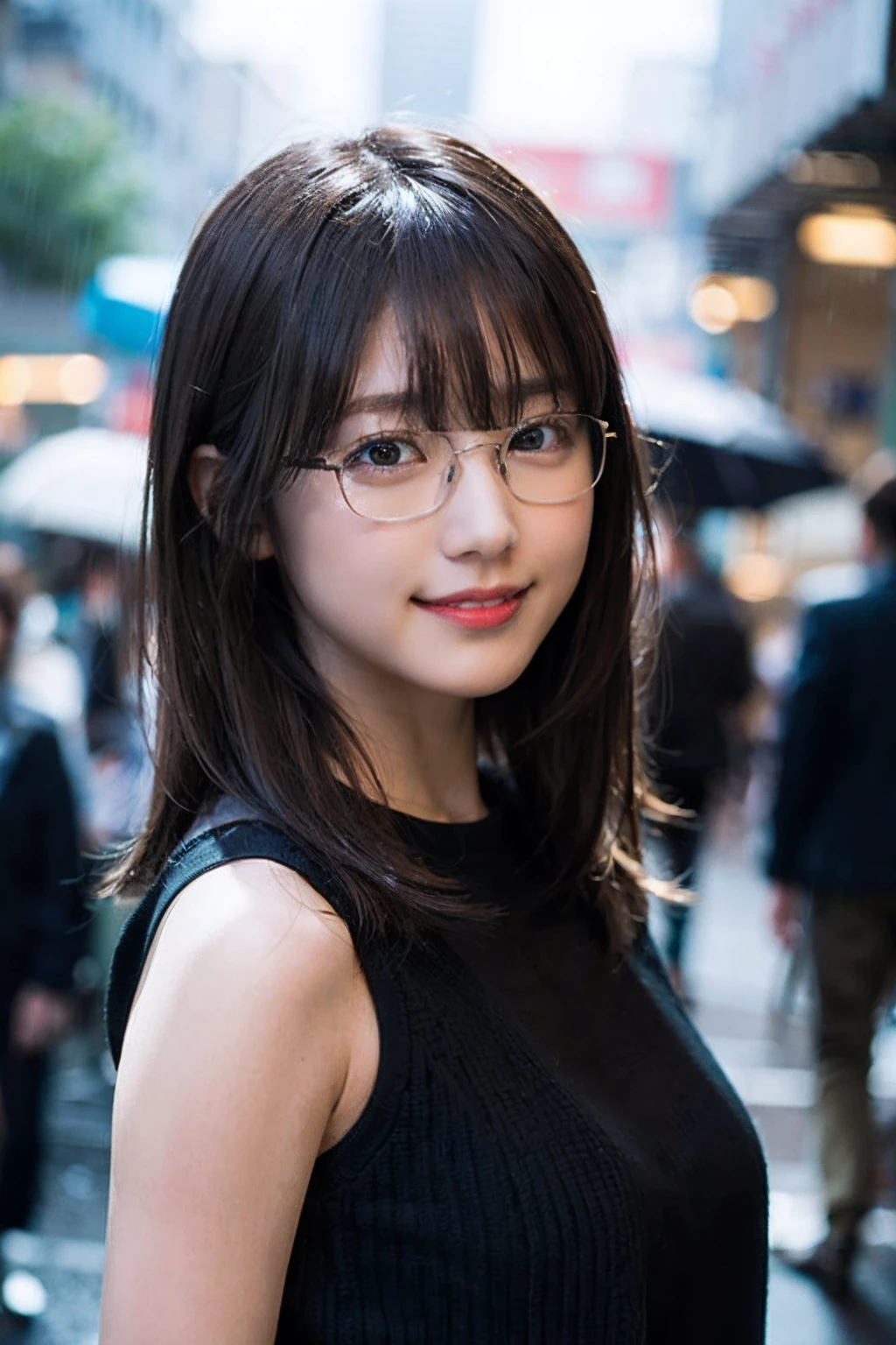 (8K、Raw photography、top-quality、masterpiece:1.2)、(realisitic、Photorealsitic:1.37)、ultra-detailliert、超A high resolution、女の子1人、see the beholder、beautifull detailed face、A smile、Constriction、(Slim waist) :1.3)、summer clothing、Beautiful detailed skin、Skin Texture、Floating hair、Professional Lighting、In the rainy city、Hair, clothes or skin are slightly wet、Square glasses with black rimming 、Whole human body、Brown hair