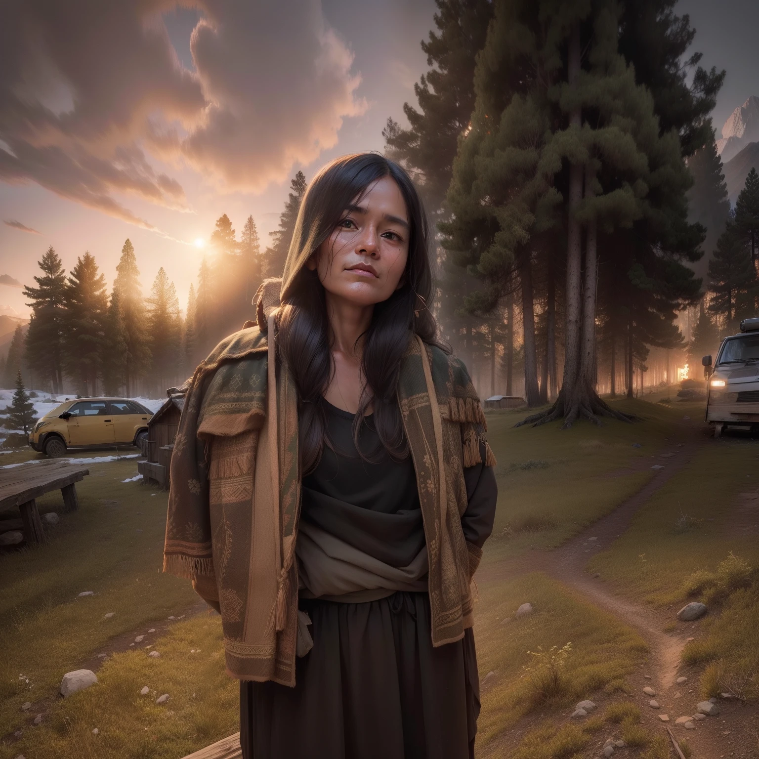 Original face, long pine trees, a hut, ultra realistic, no face change, 8k hill station