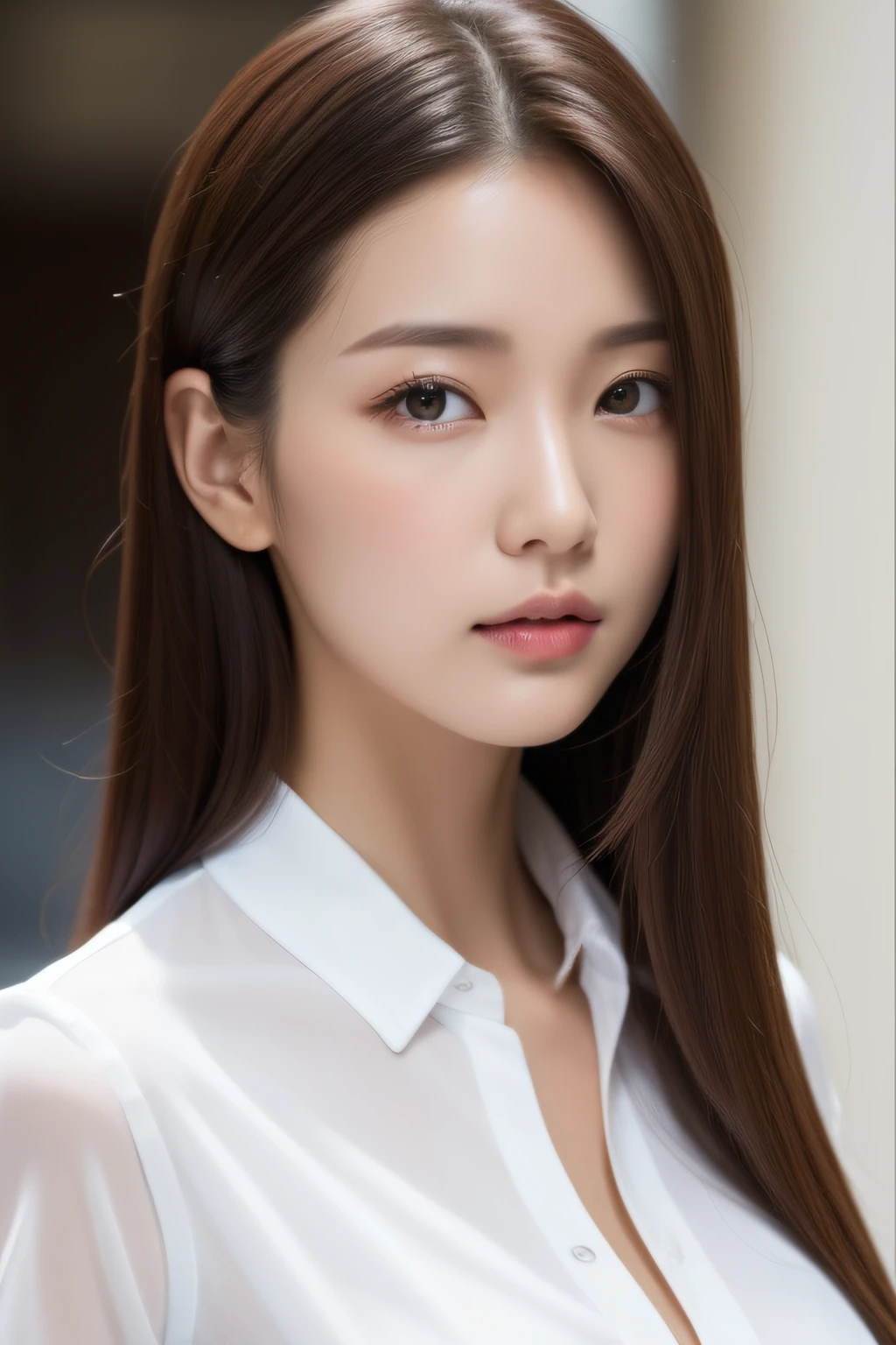 ((Best quality, 8k, Masterpiece :1.3)), Sharp focus :1.2, A pretty woman with perfect figure :1.4, Slender abs :1.2, ((Dark brown hair, Big breasts :1.2)), (White button up long shirt :1.1), City street:1.2, Highly detailed face and skin texture, Detailed eyes, Double eyelid