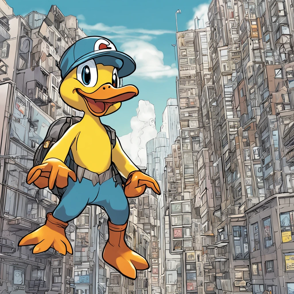 There's a duck boy, com bico amarelo e penas pretas, usando roupa do spider-man. it's on top of a building, cercado por uma paisagem urbana. His handsome and stubborn face is captivating. The dominant color scheme is gray-blue. It belongs to the category Bread-type Pokémon, with Ken Sugimori's art similar to that of Pokémon, como visto em bulbapedia.