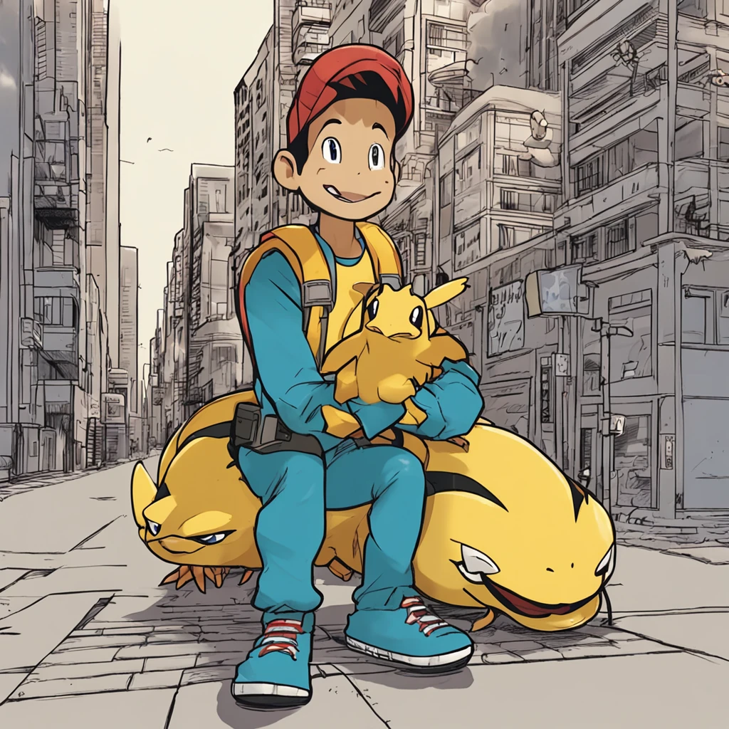 There's a duck boy, com bico amarelo e penas pretas, usando roupa do spider-man. it's on top of a building, cercado por uma paisagem urbana. His handsome and stubborn face is captivating. The dominant color scheme is gray-blue. It belongs to the category Bread-type Pokémon, with Ken Sugimori's art similar to that of Pokémon, como visto em bulbapedia.