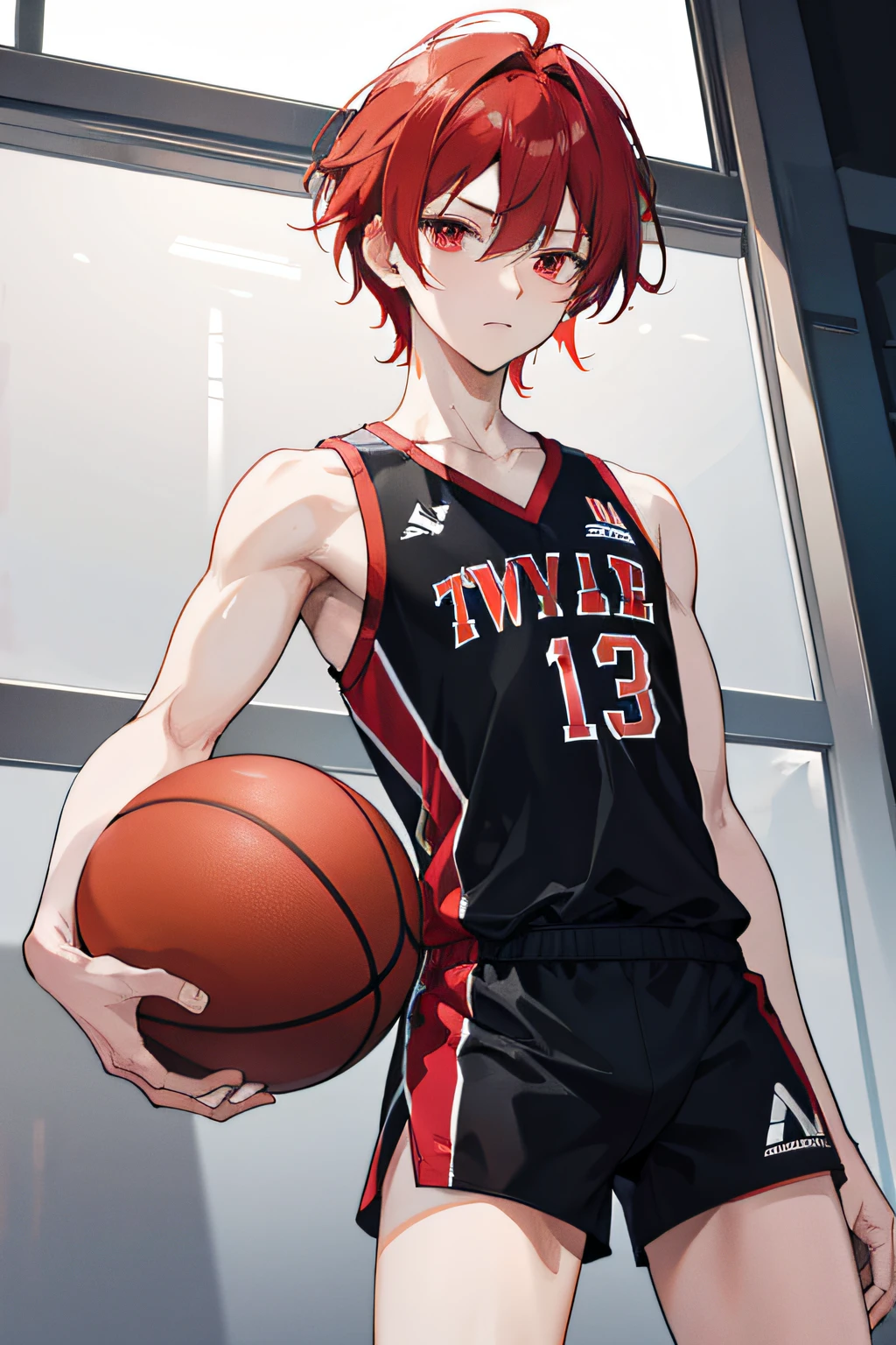 red eye red hair boy wearing basketball suit