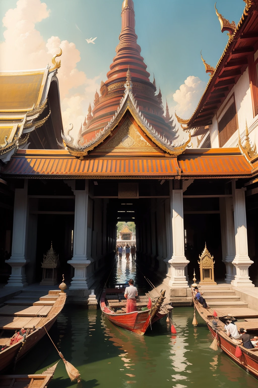 Temple of Dawn, Bangkok, Thailand, crowded with tourists, a lot of long-tailed boats in the Chao Phraya River, Oil Painting, Style Édouard Manet