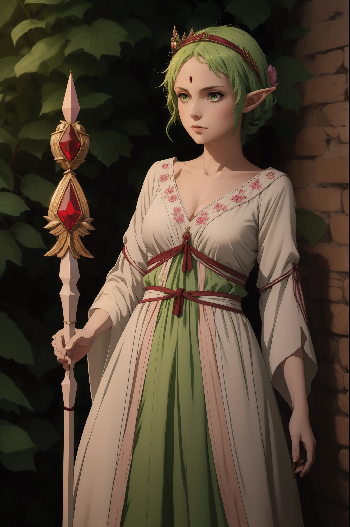 Adult, Sylphiette, elves, green hair, red eyes, small boobs, holding a small wooden staff with crimson gemstone embedded at its crown, wearing a light, pastel-colored dress, adorned with subtle floral patterns, with a matching ribbon tied around her waist.