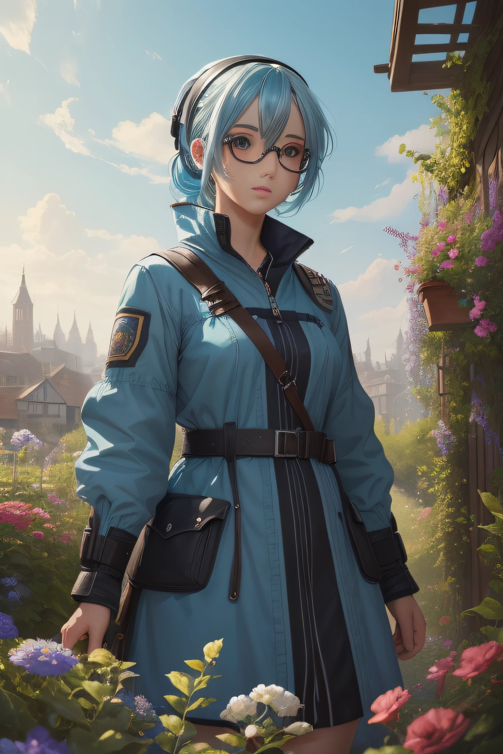 (masterpiece, top quality, best quality, official art, beautiful and aesthetic:1.2), (1girl), extreme detailed,colorful,highest detailed,cute, light blue hair,black goggle,girl in garden