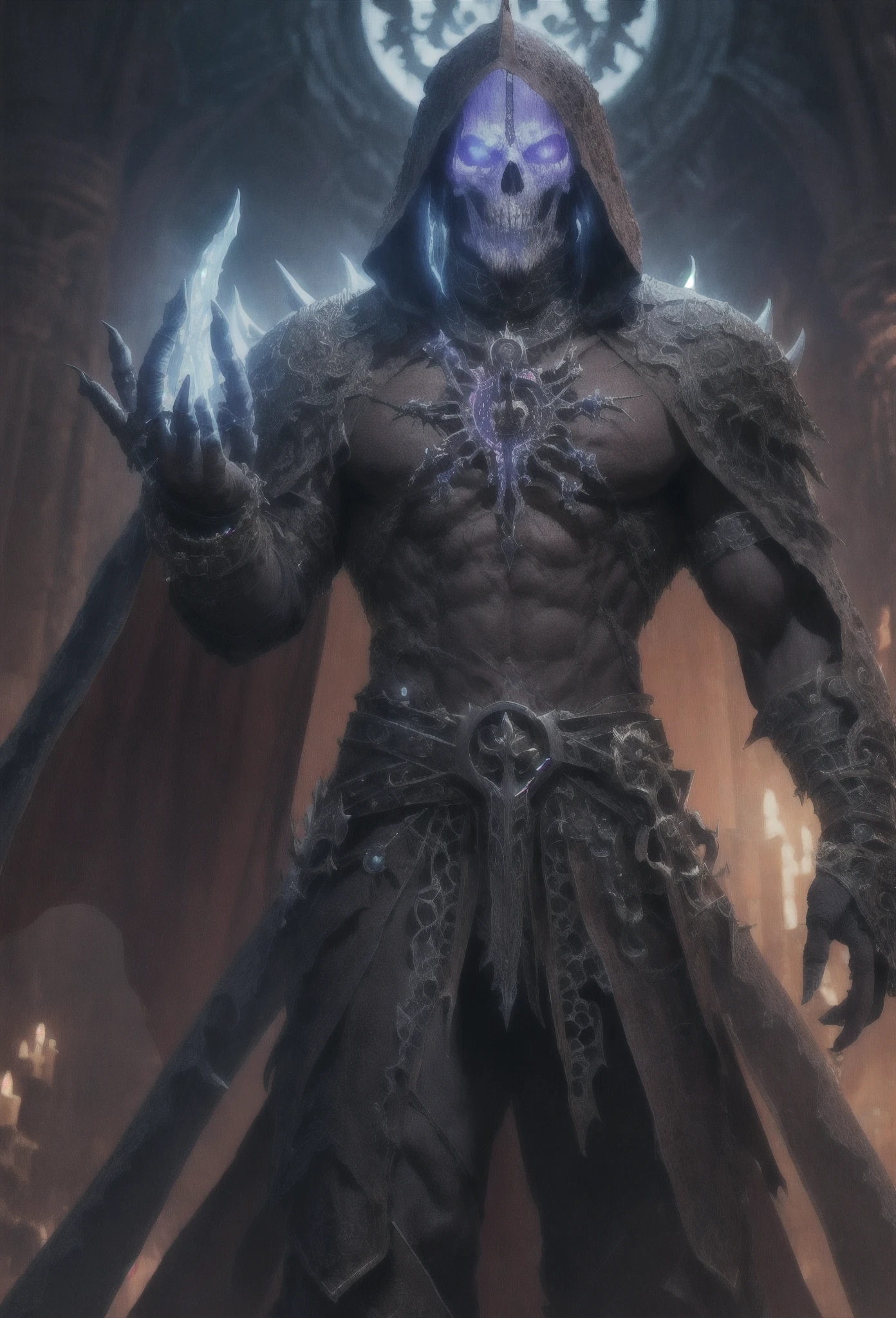 (extremely detailed 8K wallpaper), Photo of the full plan of the terrible necromancer, Intricate, With high detail, Dramatic
