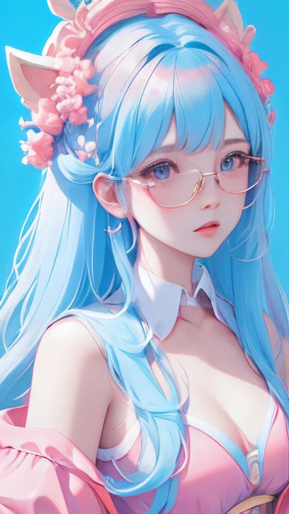 (The campus goddess wears glasses),Bigchest,Bust photo,blue colors,In pink,red colour,golden colored,clean backdrop