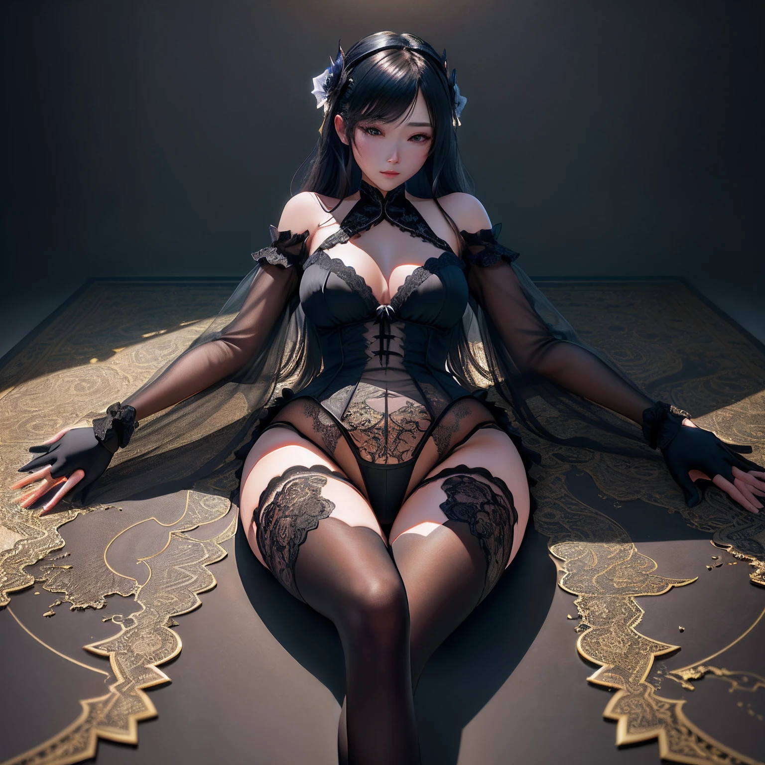 lace panty ,Beautuful Women,Perfect body black silk,spread their legs(HighDynamicRange),Ray traching,NVIDIA RTX,Hyper-Resolution,Unreal 5,Subsurface scattering、PBR Texture、post-proces、Anisotropy Filtering、depth of fields、maximum definition and sharpness、Many-Layer Textures、Albedo e mapas Speculares、Surface coloring、Accurate simulation of light-material interactions、perfectly proportions