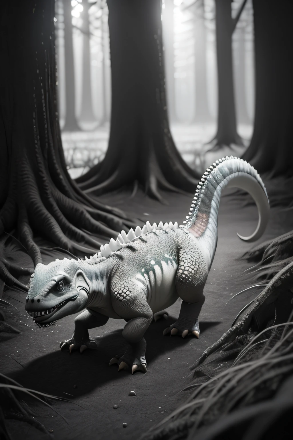 There is a toy dinosaur that is in the middle of the forest, fotografia de brinquedo, ambient occlusion render, an ambient occlusion render, Ambient occlusion:3, inspirado em Adam Rex, Dinossauro Trex, Described as a 3D rendering, ultra ambient occlusion, strong ambient occlusion, renderizado em cinema 4 d