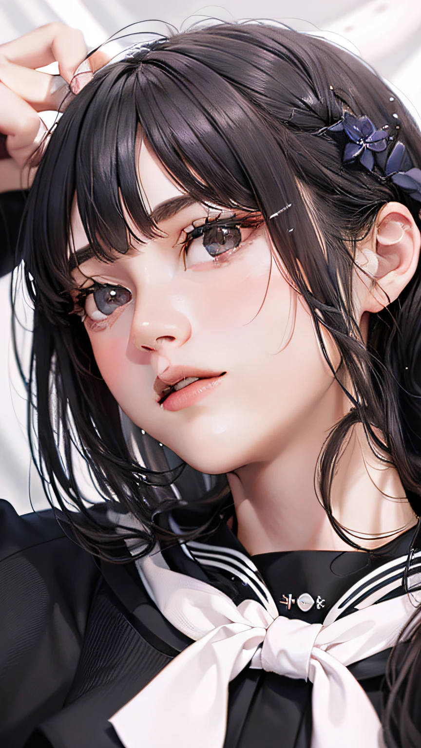 masterpiece, exquisite, illustration, {beautiful and meticulous girl}, beautiful and detailed halo, (fire of war: 1.2), (nuclear explosion behind: 1.3), rain, detailed lighting, detail water, (beautiful and detailed eyes: 1.1), expressionless, palace, sky blue hair, scattered hair, long bangs, eyebrows, (white-gray dress: 1.1), black ribbon, white bow tie, upper abdomen, big forehead, dull, flower, long sleeves