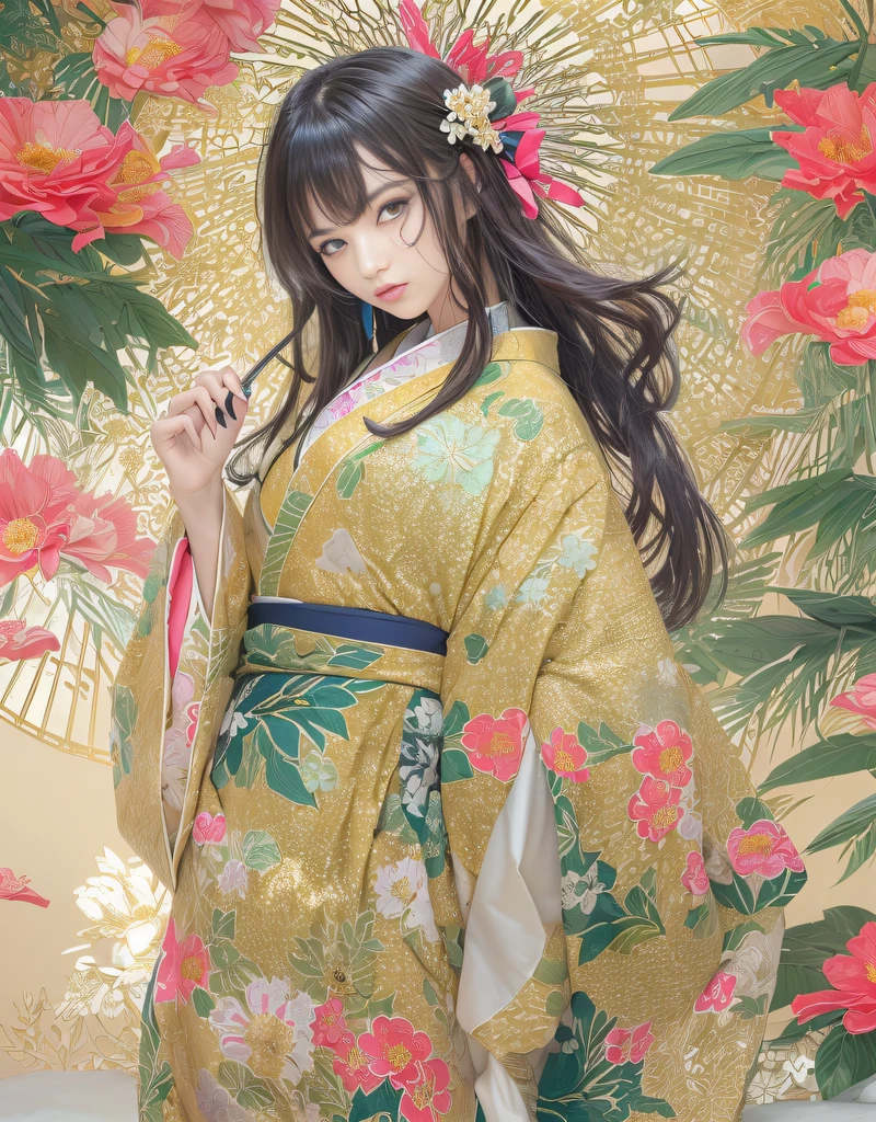 (Beautiful model in Japanese kimono commercial, beautiful straight long black hair), solo, ((face is 80% beauty and elegance, 20% pretty and cute:1.5)), clear eyes, (detailed eyes, light green eyes, bright pupils), Double Eyelids, (sexy lips with a little thickness:1.2), ((super detailed and incredibly high resolution Golden Kimono:1.2)), Highly Detailed Face Texture, striking body shape, curvy and very attractive woman, high-resolution RAW color photo pro photo, BREAK ultra high-resolution textures, High-res body rendering, big eyes, unparalleled masterpiece, incredible high resolution, super detailed, stunning ceramic skin, BREAK ((Facing back to show the pattern of the Kimono:1.5)), ((Wearing a Rinpa kimono that uses a lot of glittering golden:1.5)), ((The main color is golden and the Rinpa Kimono has very colorful embroidery:1.2)), (Half-collar and Obi are dark blue) ,(elaborately made classical Japanese Rinpa-style Kimono), ((The embroidery pattern is a peacock, a running water pattern, and colorful flowers):1.2), ((elaborately and elegantly decorated Golden Kimono)), (Take a photo in front of a Rinpa folding screen with a golden-coloured, navy-blue flowing water pattern)) BREAK ((Best Quality, 8k)), Crisp Focus:1.2, (Layer Cut, Big:1.2), (Beautiful Woman with Perfect Figure:1.4), (Beautiful and elegant rear view:1.3), Slender waist, (Correct hand shape:1.5), (Full body shot | cowboy shot)