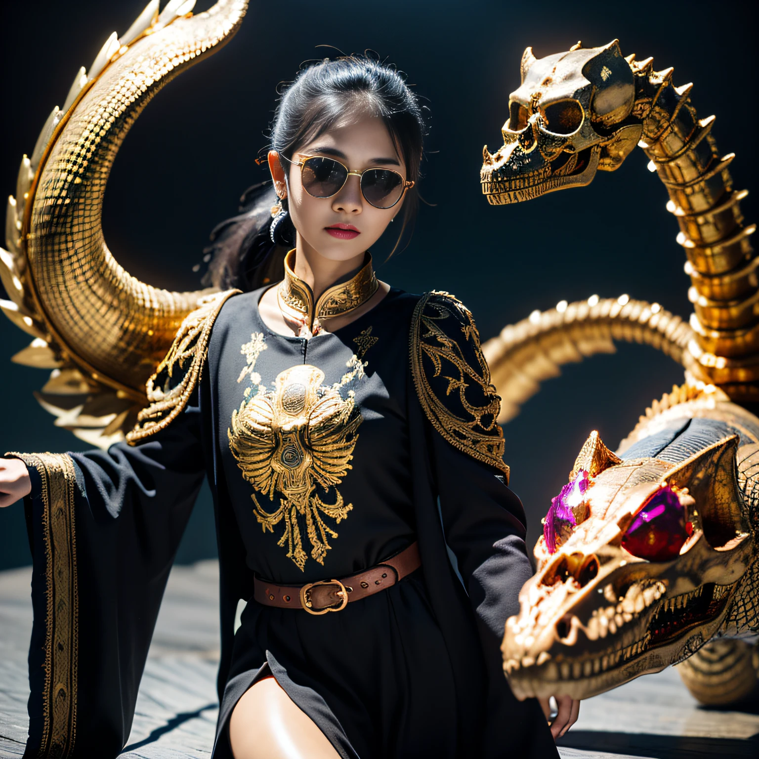 Crocodile pond,32K(tmasterpiece,k hd,hyper HD,32K)Burgundy double ponytail,flower stick,Indigo Skull King ,Hold the heavy wooden steering wheel (The skeleton is realistic:1.4),Crocodile pattern robe,Rusty skull ornaments,Sargin linen cloak,Petals flutter,Deep gold sunglasses,Hold your head high,Be proud,The nostrils look at people,A and secondah resolution,Xueba, the detail, RAW photogr, Sharp Re, Nikon D850 Film Stock Photo by Jefferies Lee 4 Kodak Portra 400 Camera F1.6 shots, Rich colors, ultra-realistic vivid textures, Dramatic lighting, Unreal Engine Art Station Trend, cinestir 800,Hold your head high,Lateral face,Be proud,The nostrils look at people,Tsundere,Petals flutter,Petals flutter,Crocodiles sprinkled with gold dust,Fluttering,Impeccable,( reasonable design, Clear lines, High sharpness,Best quality, Very detailed skeleton, The skeleton of a masterpiece, offcial art, movie light effect, 8K crocodile skeleton(((Platinum marble sunglasses)))Deep gold sunglasses,side portrait