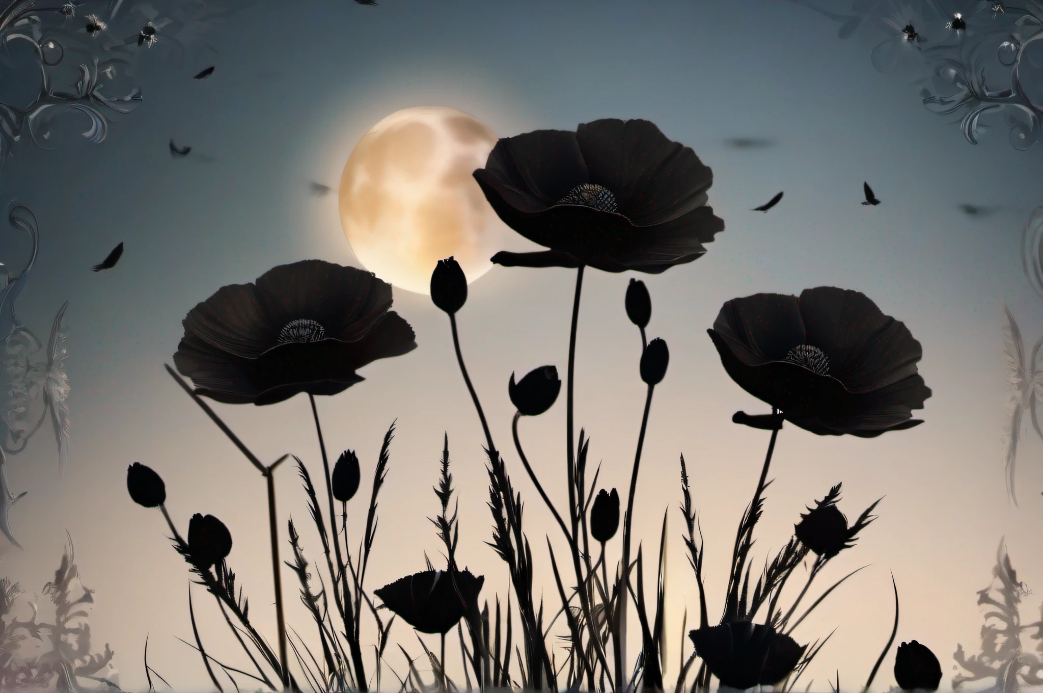 Dark, mysterious black poppies in the moonlit night, with a striking full moon shining in the background