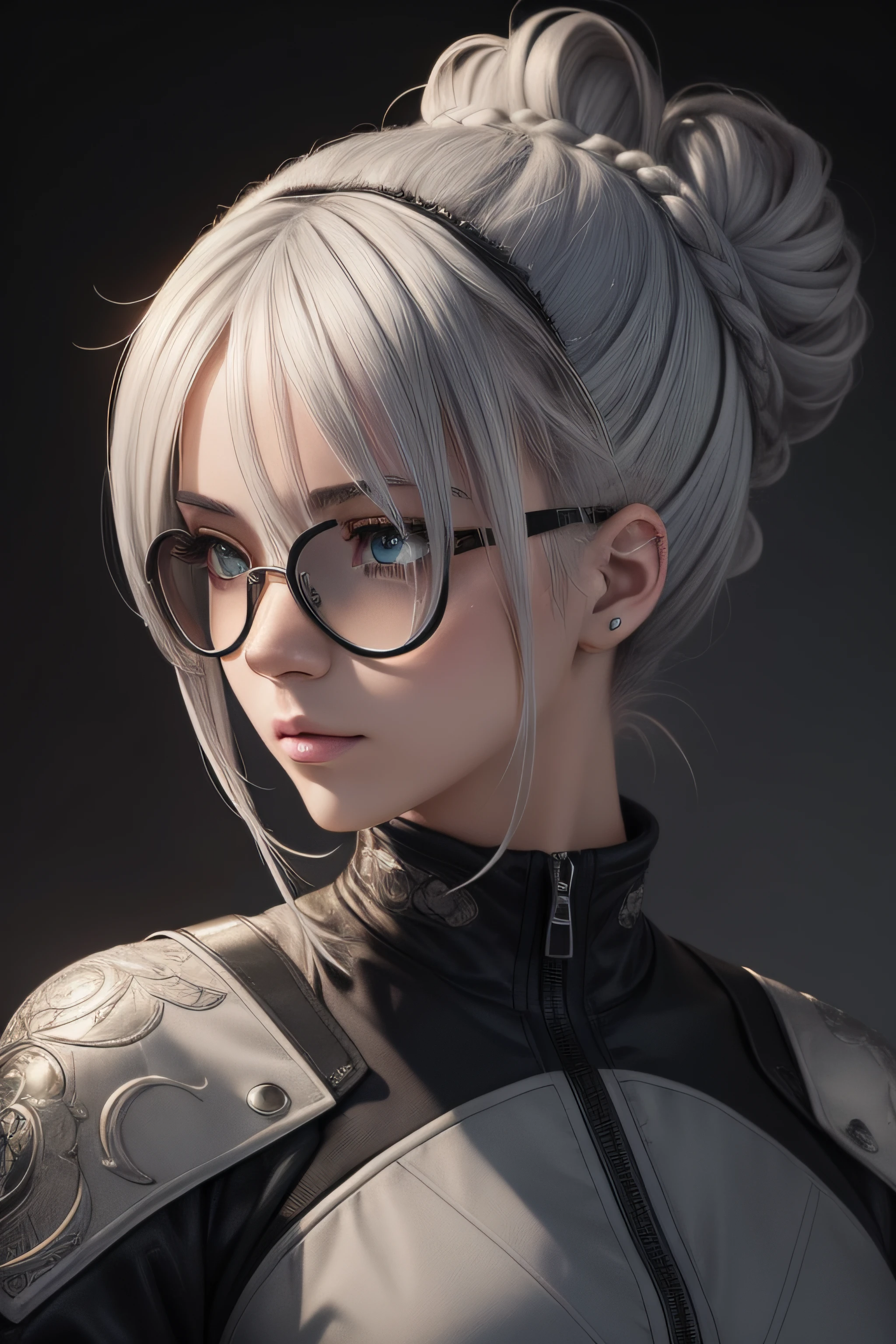 (masterpiece, top quality, best quality, official art, beautiful and aesthetic:1.2), (1girl), extreme detailed,colorful,highest detailed,cute, light grey hair,black goggle, hair bun