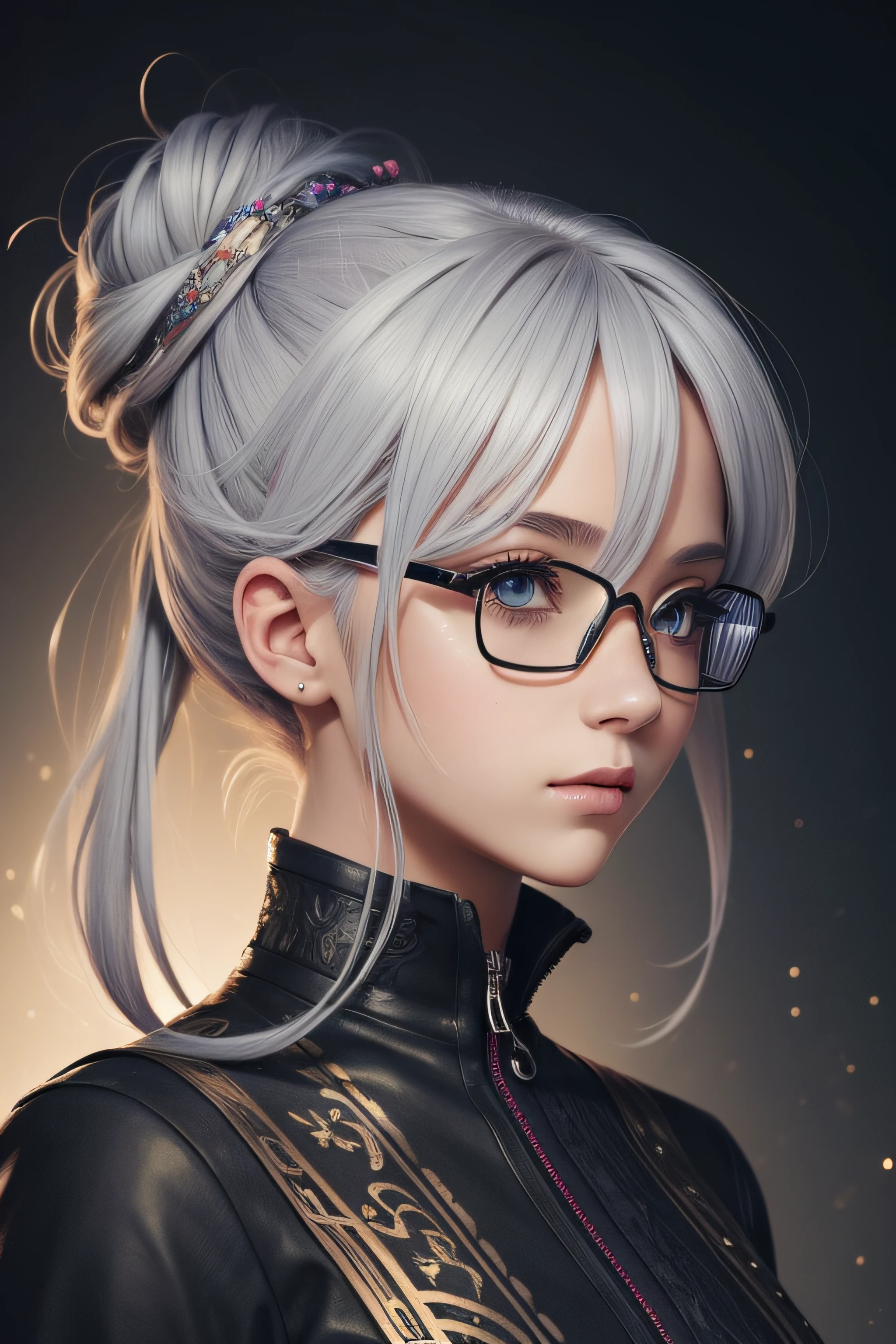 (masterpiece, top quality, best quality, official art, beautiful and aesthetic:1.2), (1girl), extreme detailed,colorful,highest detailed,cute, light grey hair,black goggle, hair bun