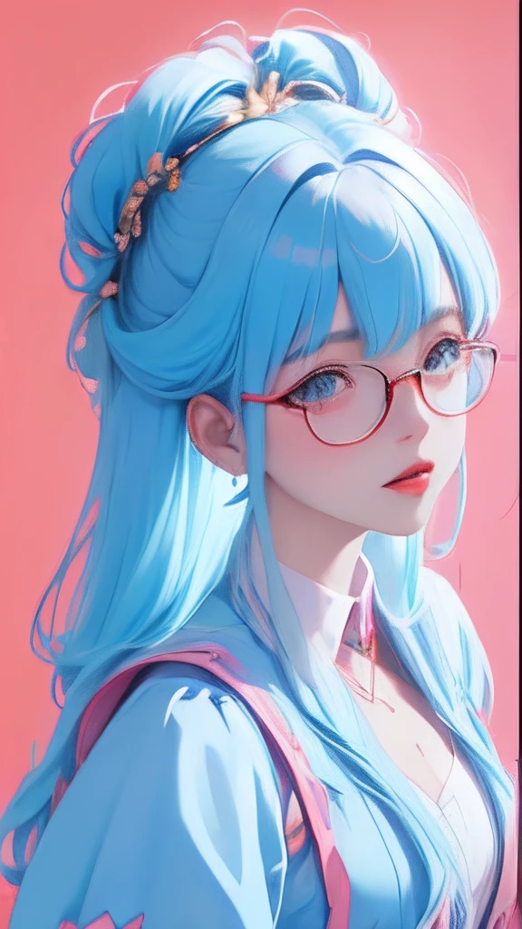 (The campus goddess wears glasses)，Bigchest，Bust photo，blue colors，In pink，red colour，golden colored，clean backdrop