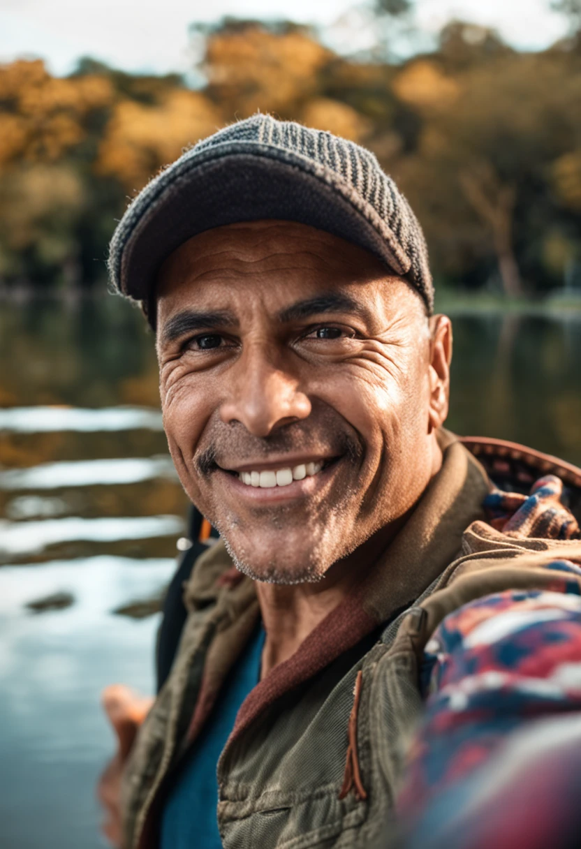 Homem careca tirando uma selfie em frente a um lago, Fotografia selfie 8k, com um parque ao fundo,  Parque em segundo plano, Homens de 45 anos, album photo, Foto realista, Colinas ao fundo