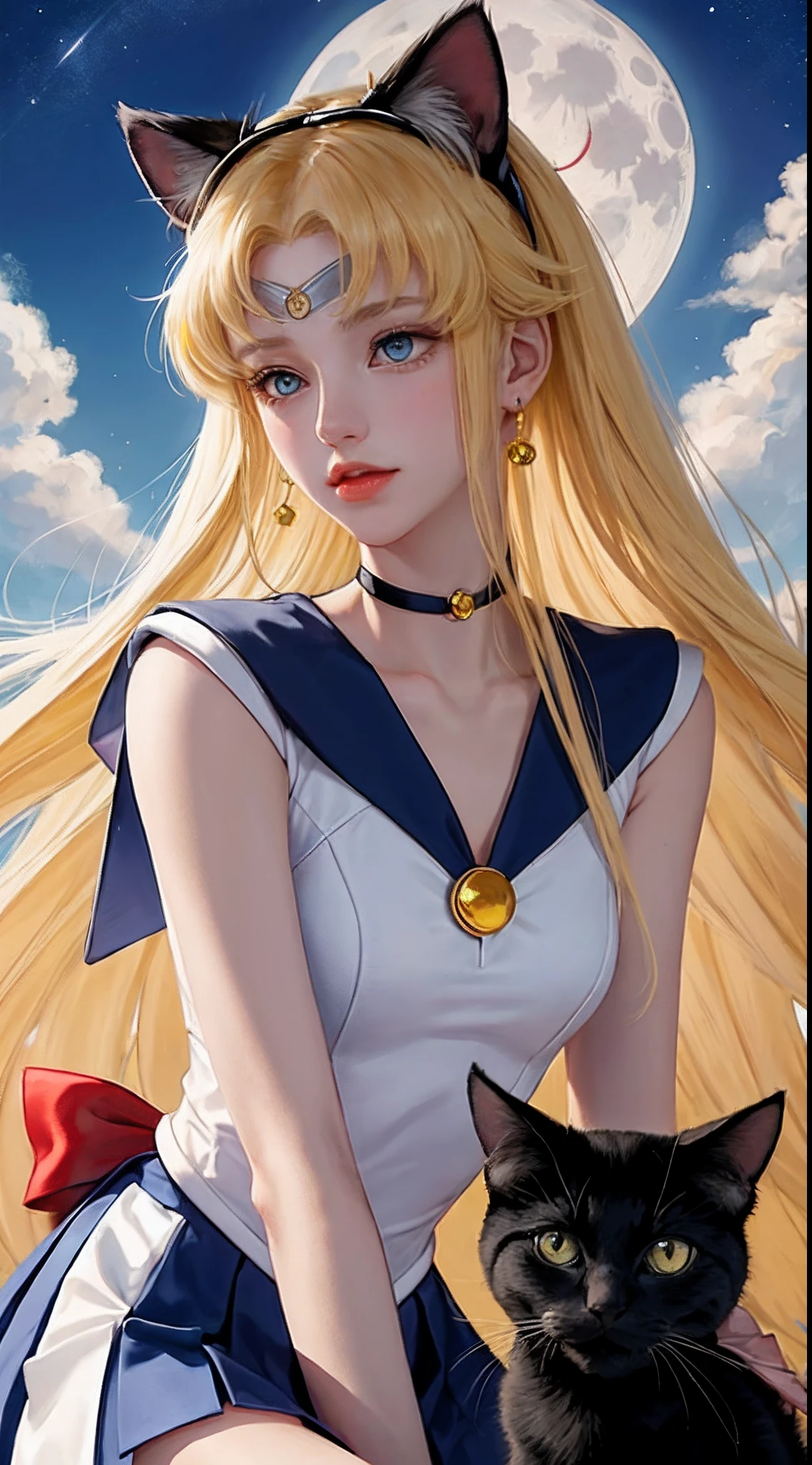 Sailor Moon cartoon yellow hair, one left and one right, two small round ball heads,Two strands of long hair,With bangs,eBlue eyes,Blue-collar uniforms have red bows,White complexion,Holding a small red-eyed black cat with a moon pattern on its head