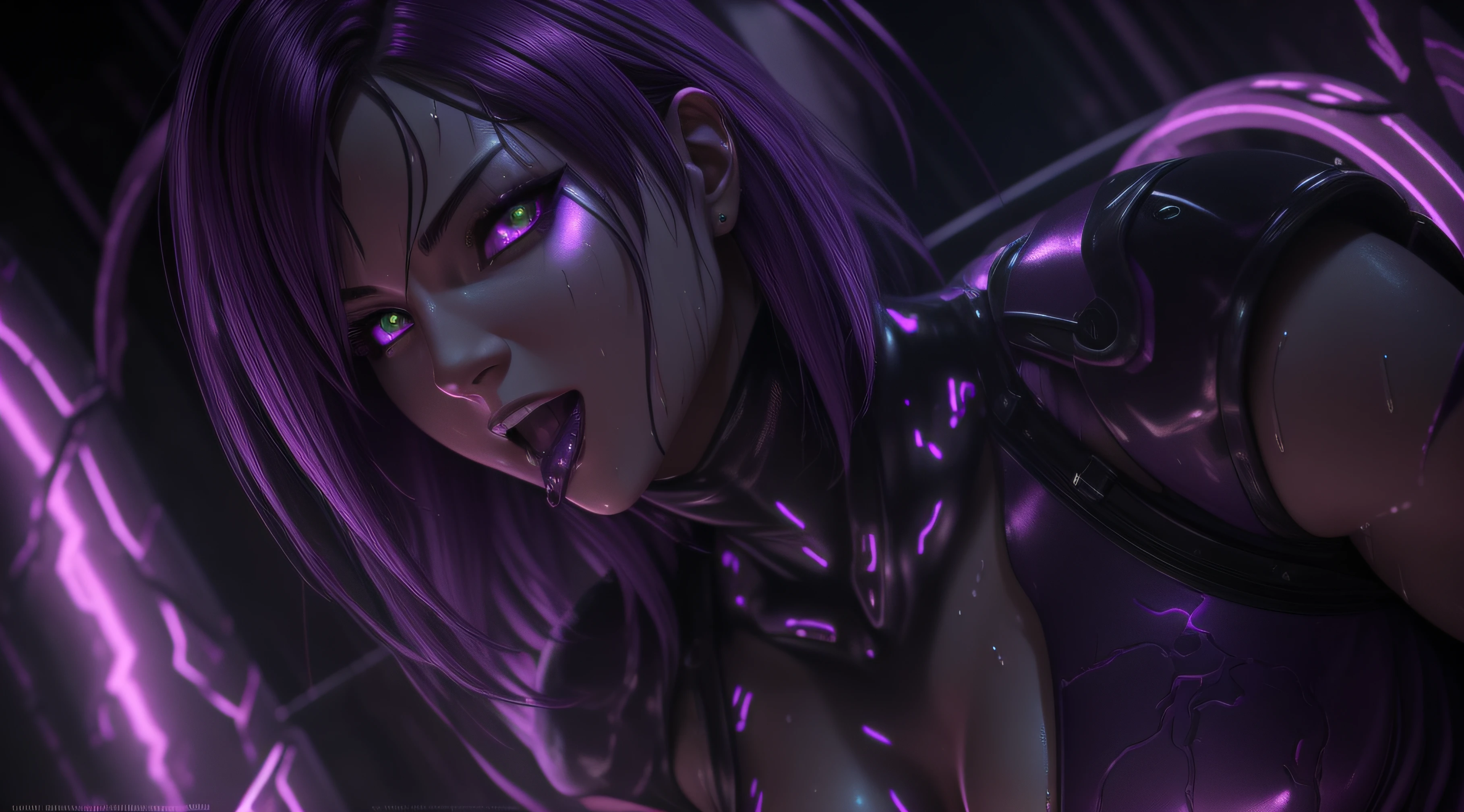 sexy motoko, Glow, seductive, glowing purple eyes , sexy , (ultra photorealistic:1.3), (masterpiece:1.4), best quality, ((realistic)), high quality, ultra detailed, ((real image)), ((realistic skin)), ((realistic face)),(illustration:1.05), (beautiful:1.05), (beautiful detailed eyes:1.05), (cinematic light:1.1), Extremely realistic , evil , wet ,corrupted , black veins ,parasites , dark energy , swarm, hive , grin , sadistic, wet , purple glow ,possessed, tease ,lesbian, kissing , tounge , tentacles