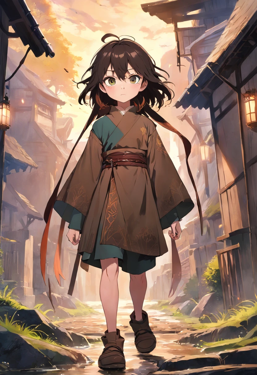 Aelfric is an 11-year-old with an appearance that reflects his outdoors and Northumbrian lifestyle. Here is a description of his physical appearance:
Hair: Aelfric has dark brown hair, which tends to get messy from being outdoors. Her hair is cut short for practicality.
Eyes: His eyes are a deep shade of brown, standing out against his sun-tanned skin.
Skin: Your skin has an olive hue, the result of spending too much time in the Northumbrian sun.
Height and Build: Aelfric is lean and lithe, with an appropriate height for his age. His posture is upright, expressing confidence.
Clothing: He prefers to wear simple, functional clothing, such as tunics made of sturdy fabric and leather boots that are suitable for his outdoor activities.