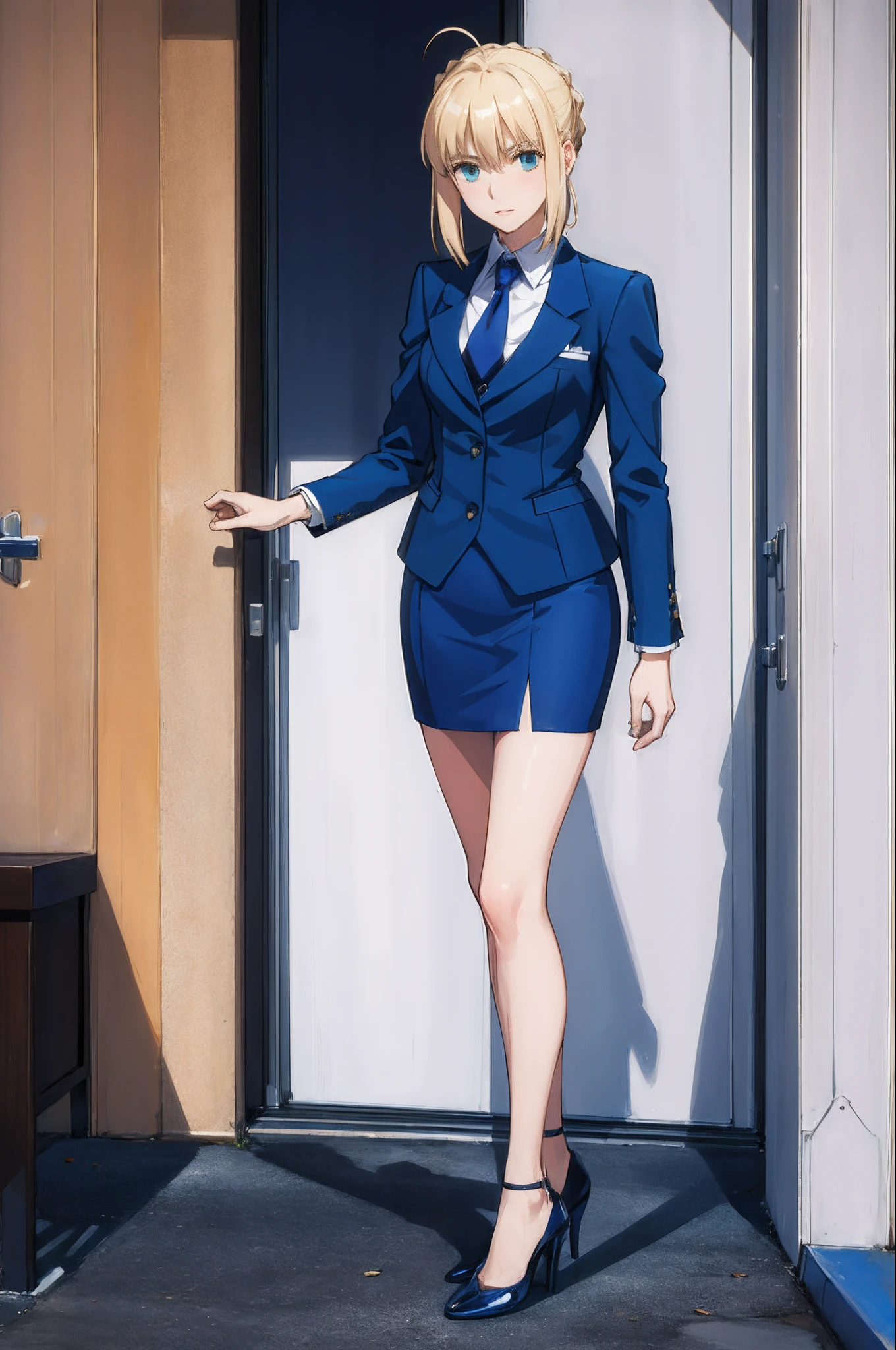 (masterpiece:1.4), (best quality:1.4), realistic, 1girl, artoria pendragon \(fate\), blue skirt suit, blue blazer, blue pencil skirt, high heels, full body