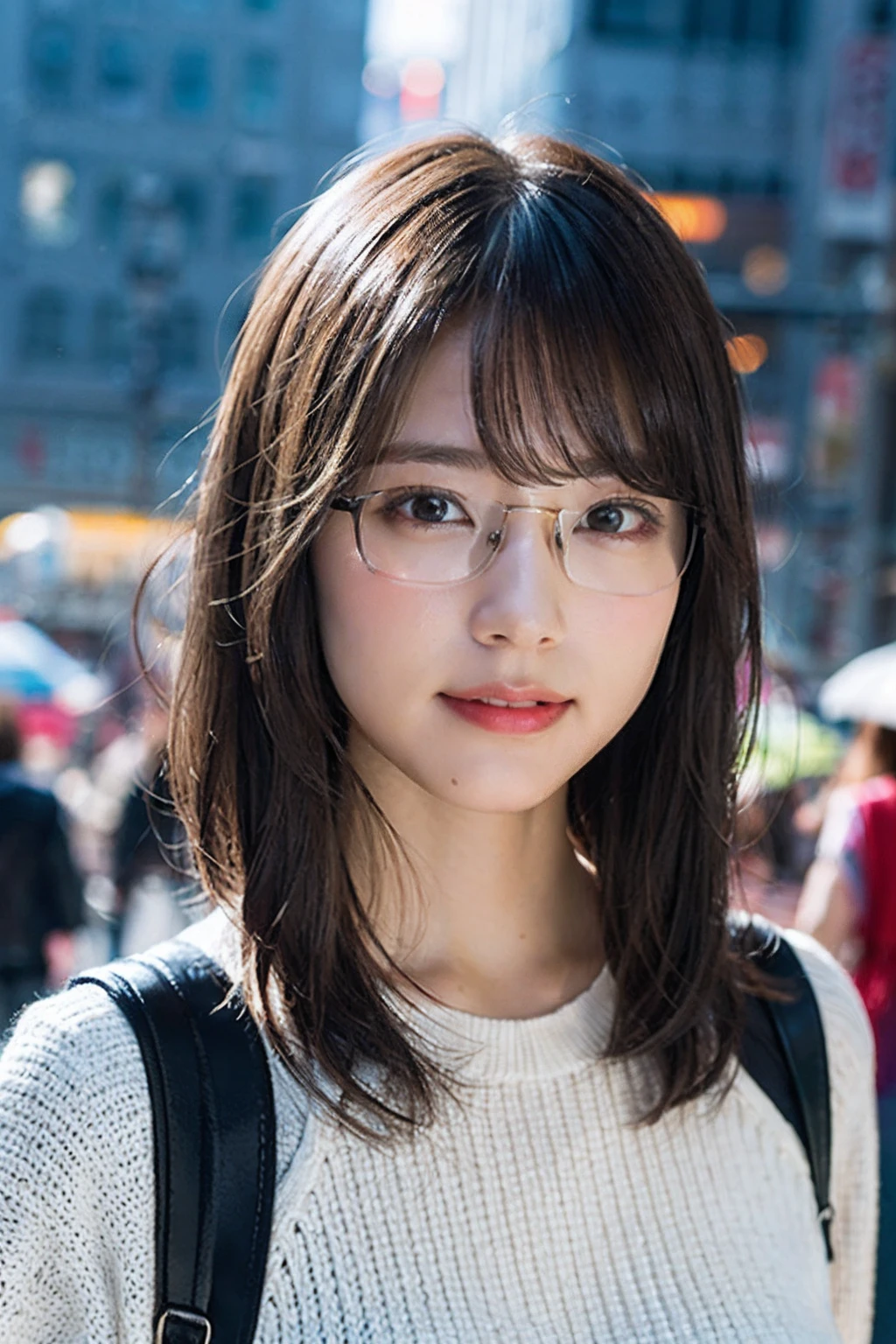 (8K、Raw photography、top-quality、masterpiece:1.2)、(realisitic、Photorealsitic:1.37)、ultra-detailliert、超A high resolution、女の子1人、see the beholder、beautifull detailed face、A smile、Constriction、(Slim waist) :1.3)、White summer clothes、Beautiful detailed skin、Skin Texture、Floating hair、Professional Lighting、In the rainy city、Hair, clothes or skin are wet from rain、Black-rimmed square glasses 、Whole human body、Brown hair
