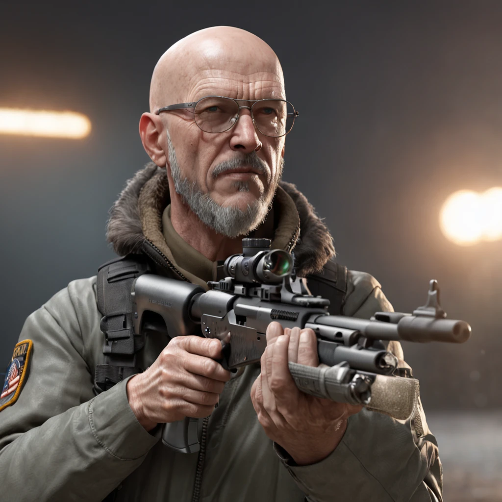 Tough mercenary type man holding a Remington® 700™ XCR Long-Range Tactical Bolt-Action Rifle,face mix of Walther White and bruce willis, tony stark style beard,bald head,walter white's glasses, realistically, dynamic lights, old, full shoot, trending on ArtStation, trending on CGSociety, High Detail, Sharp focus, dramatic, photorealistic , full bodyshot