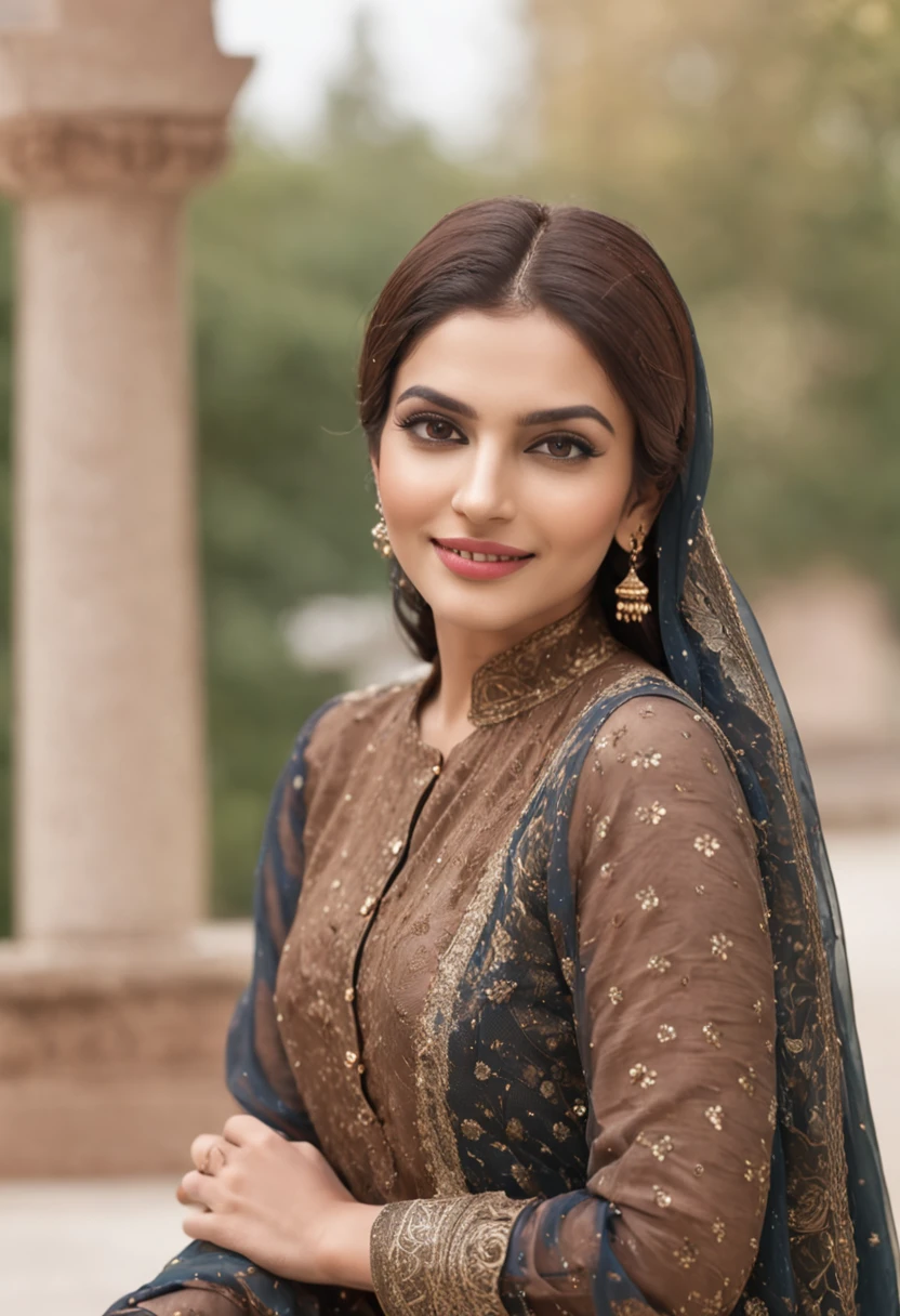Capture the captivating beauty of a young Pakistani woman who exudes confidence and elegance, embracing her baldness with grace. Emphasize her striking features, radiant smile, and the essence of inner strength. The image should highlight her distinctive charm while celebrating her individuality and inspiring self-assurance."