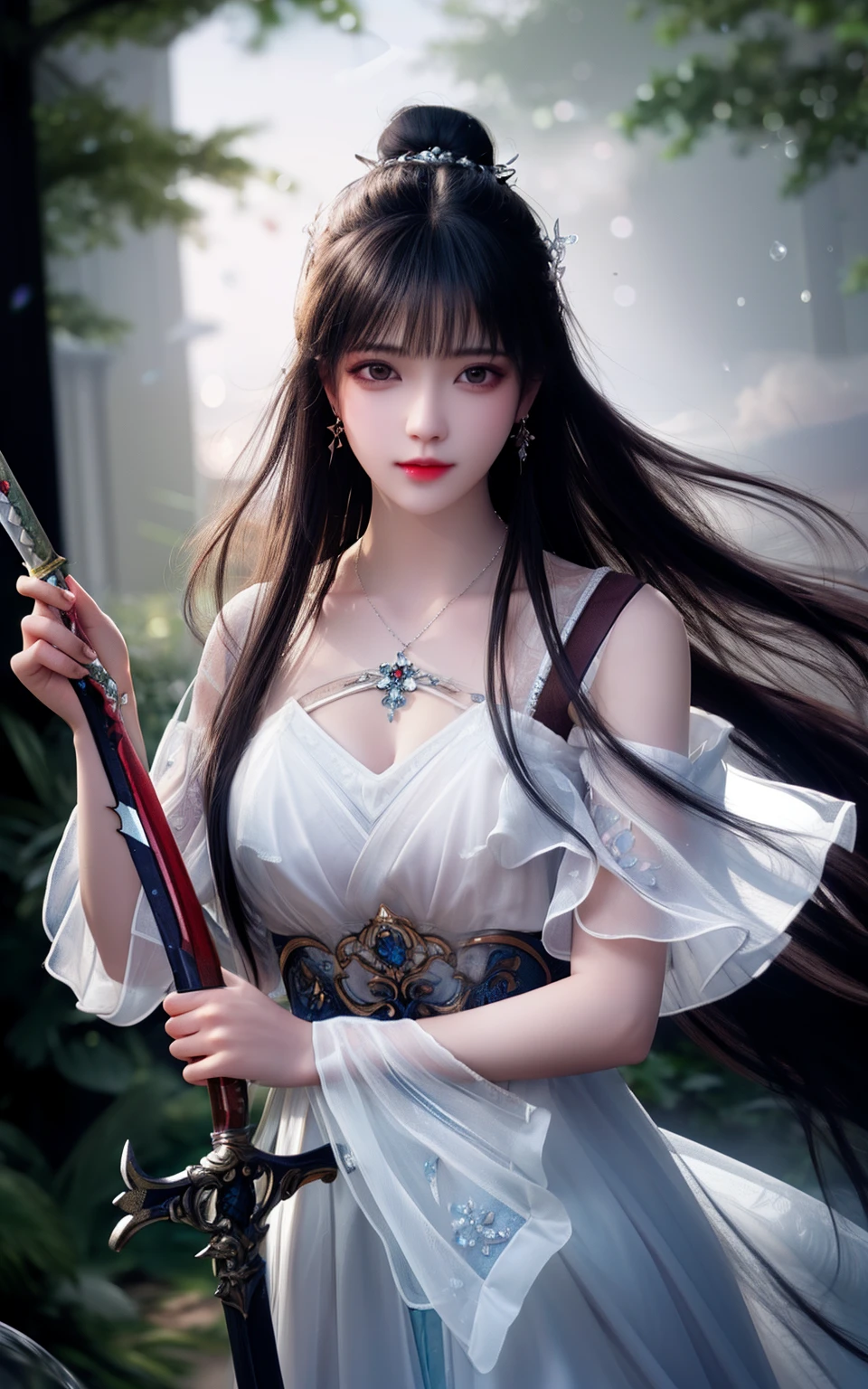 best quality,masterpiece,highres,cg,
1girl,weapon,sword,long hair,dress,water,solo,jewelry,white dress,earrings,hair ornament,splashing,upper body,hair bun,black hair,
lighting,candid,Photograph,high resolution,4k,8k,Bokeh,