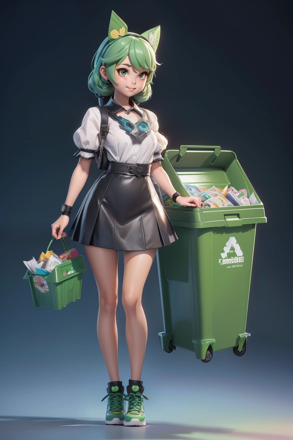 cute female child，Recyclables，Recyclable bins（Personification）（human figures）Q version of cartoon，Anime art concept art, （3D stereoscopic）（The color scheme is mainly the green of the recyclable bin）（Cute style illustration）Cute comic book style，Anime art concept art, Official illustration[Three-dimensional feeling][Lovely wind][Card ventilation][真实感]
