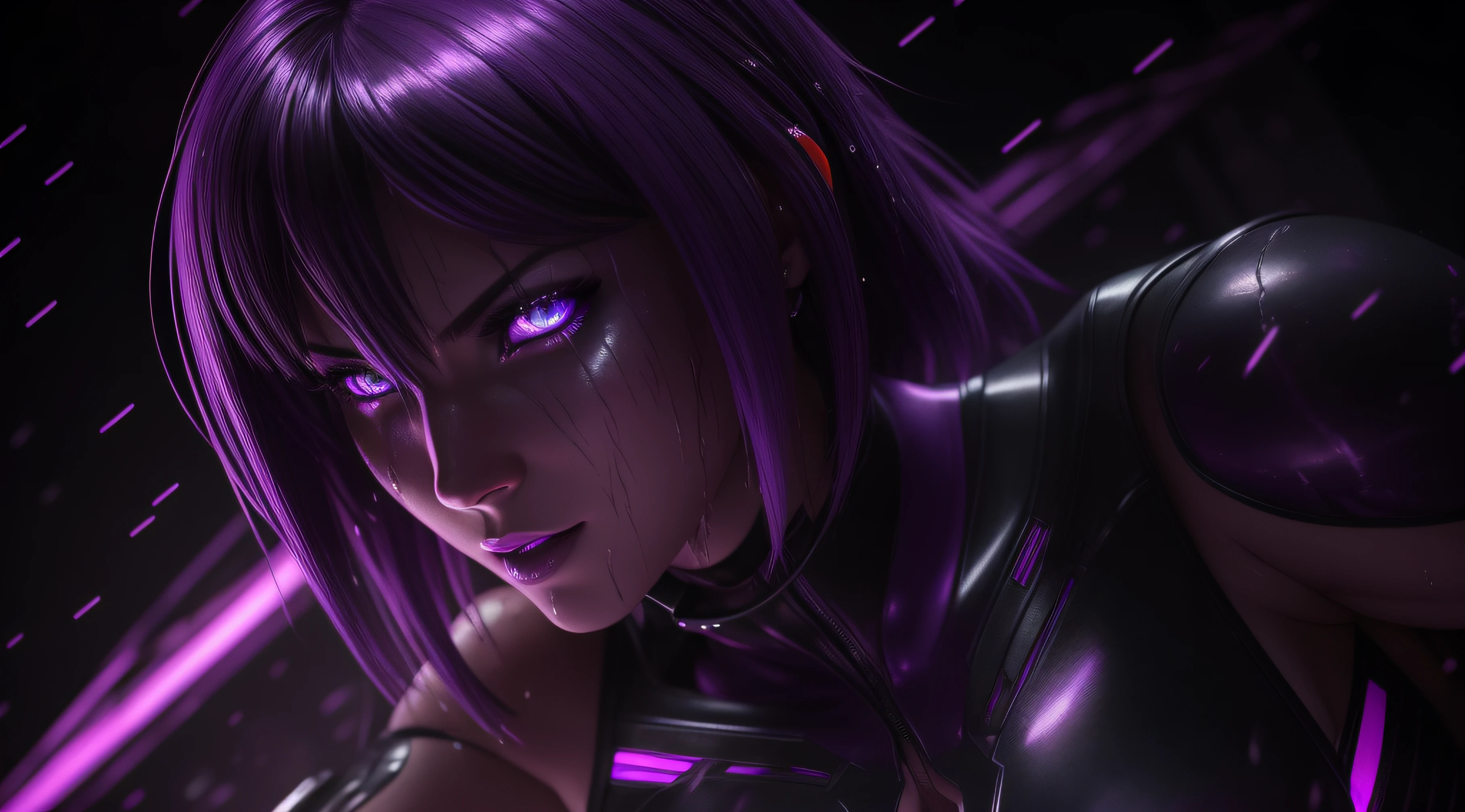 sexy motoko, Glow, seductive, glowing purple eyes , sexy , (ultra photorealistic:1.3), (masterpiece:1.4), best quality, ((realistic)), high quality, ultra detailed, ((real image)), ((realistic skin)), ((realistic face)),(illustration:1.05), (beautiful:1.05), (beautiful detailed eyes:1.05), (cinematic light:1.1), Extremely realistic , evil , wet ,corrupted , black veins ,parasites , dark energy , swarm, hive , grin , sadistic, wet , purple glow ,possessed, tease ,lesbian, kissing , tounge , tentacles