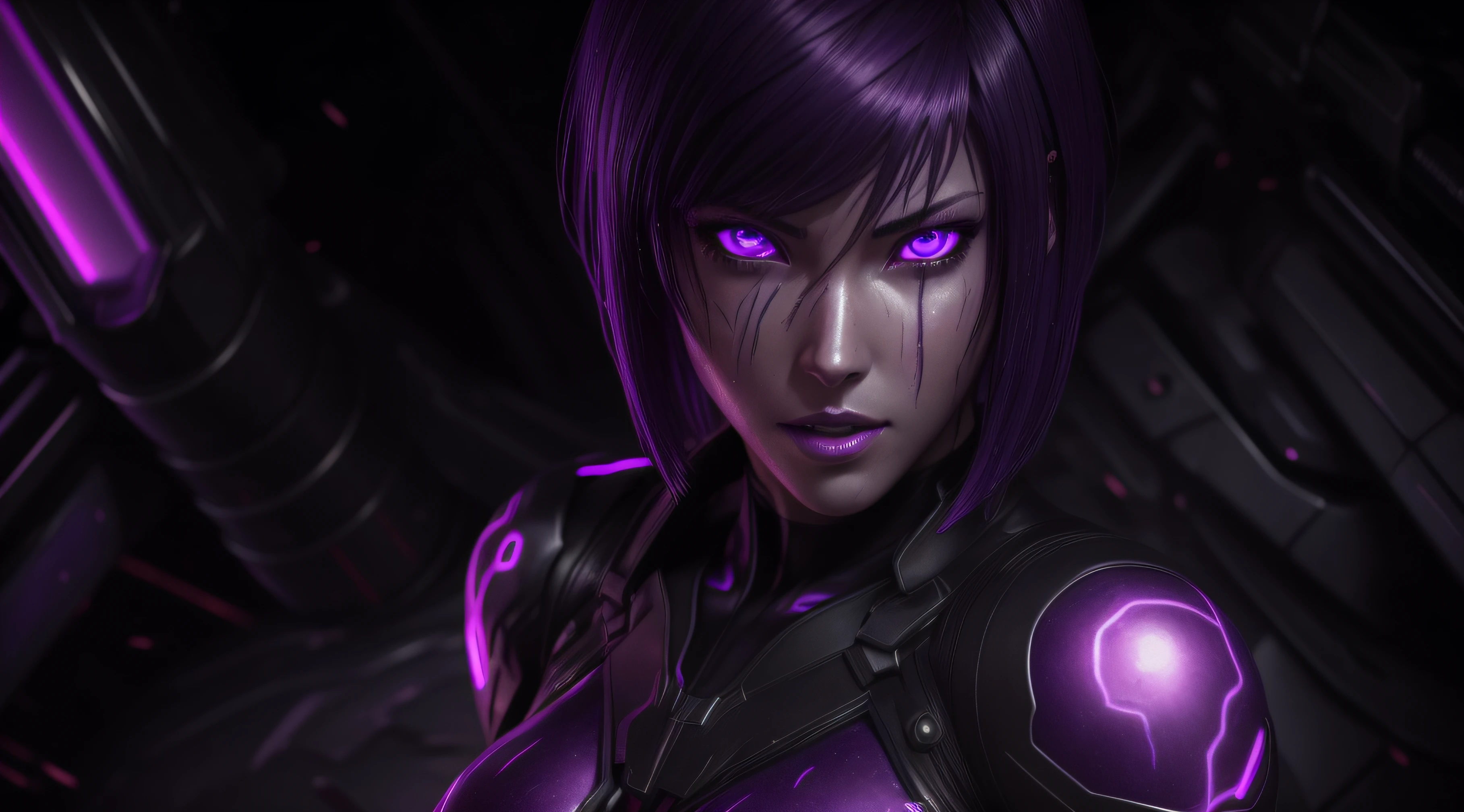 sexy motoko, Glow, seductive, glowing purple eyes , sexy , (ultra photorealistic:1.3), (masterpiece:1.4), best quality, ((realistic)), high quality, ultra detailed, ((real image)), ((realistic skin)), ((realistic face)),(illustration:1.05), (beautiful:1.05), (beautiful detailed eyes:1.05), (cinematic light:1.1), Extremely realistic , evil , wet ,corrupted , black veins ,parasites , dark energy , swarm, hive , grin , sadistic, portrait , purple glow ,possessed,