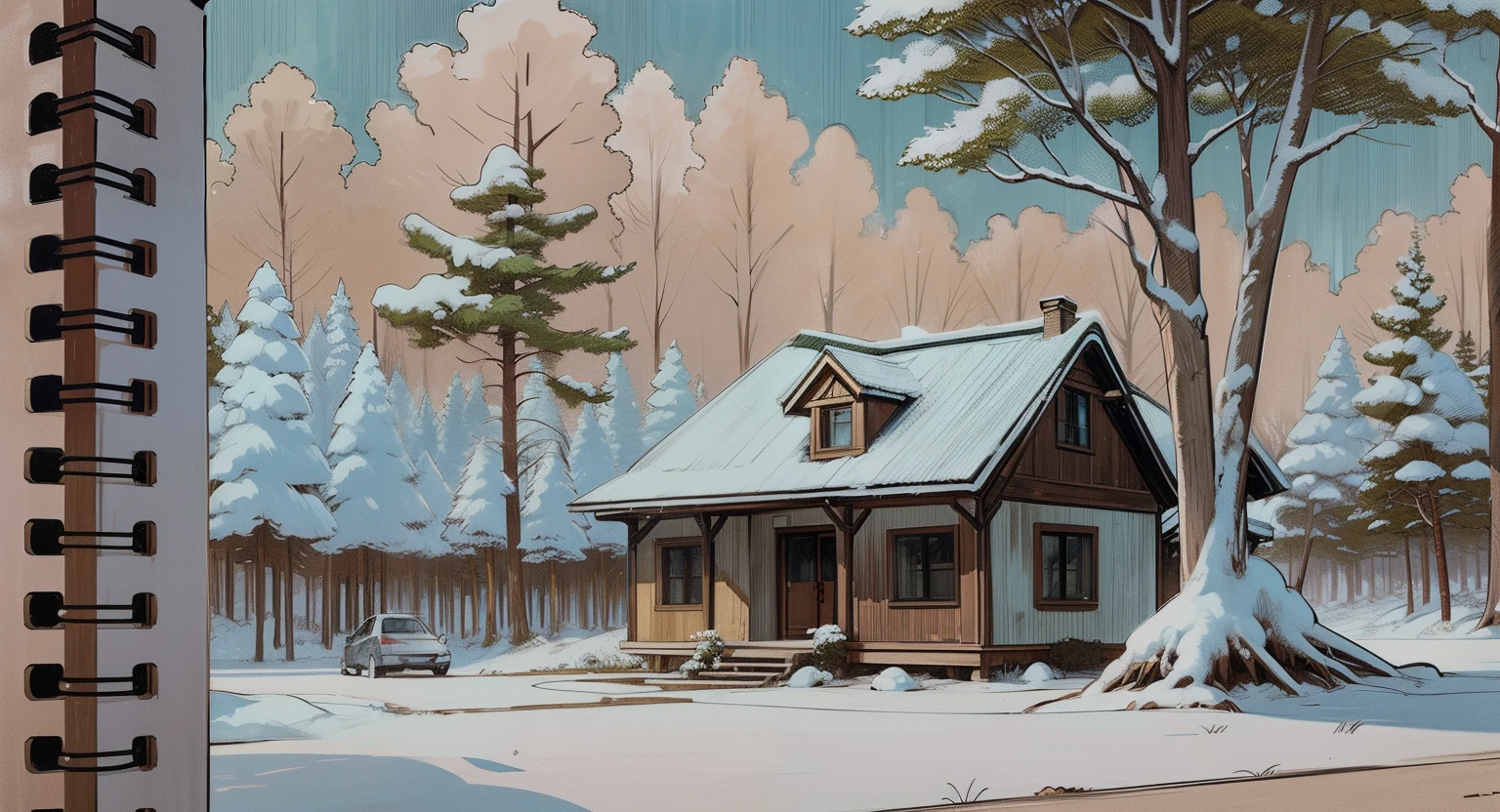 There is a house in the small forest, summer season, comic drawing, anime art style,