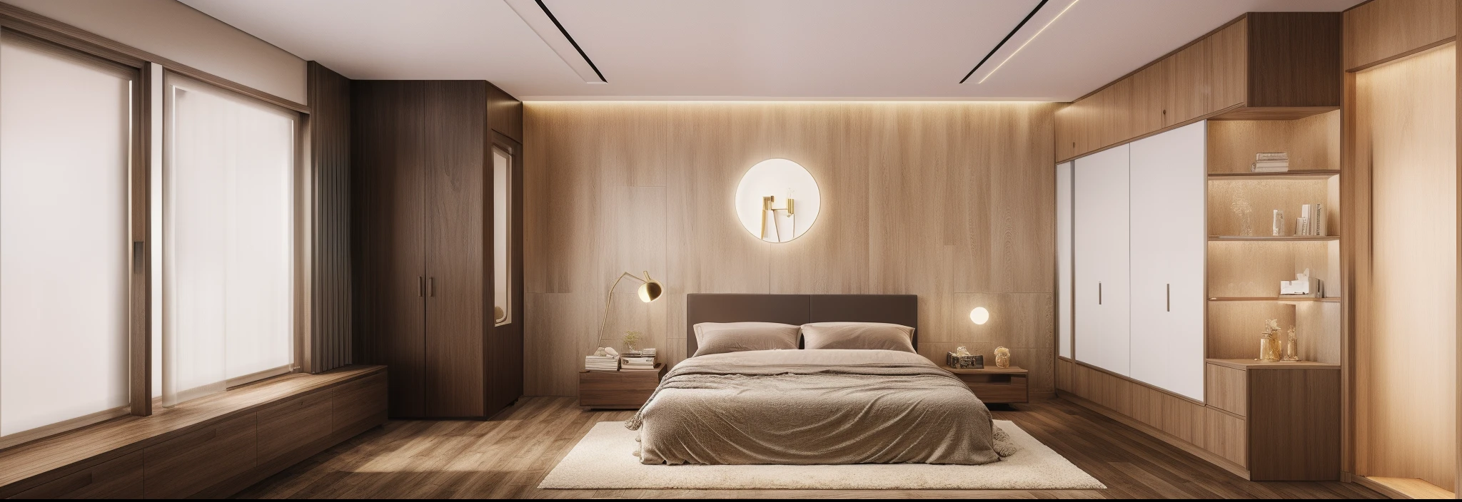 modern bedroom design, 1 wardrobe, 1 bed, 1 floor carpet, high-rise plaster ceiling, 1 white curtain with glass wall, luxury, surreal, 8k resolution, render vray, rendered by unreal engineer 8k, best quality, super product, masterpiece, super detailed, extremely detailed, MODERN BEDROOM, WINDOWS, 1 LEATHER BED, 1 GLASS WINDOW, WOODEN FLOORS, WHITE Ceiling, SOFT LED, COLORS, COLORS GOLD LIGHT, ((RENDER VRAY)), ((SUPER REAL PICTURE)) , ((8K RESOLUTION)), LUXURY, ((Wooden Flooring)), ((Bright INTERIOR TONE)), DOWLIGHT Ceiling Light, CLEAR NIGHT LIGHT, (masterpiece), (high quality), quality best quality, authentic, (realistic), super detailed, (full details),(4k), 8k , floor mats, balcony doors, ((LED lights bounce off waves)), ((( luxury wall tiles)), white walls, soft, flexible, ((Wall painting)), ((ceiling air conditioner)), ((lamp)), 99wooden paneling at the headboard with reflector00