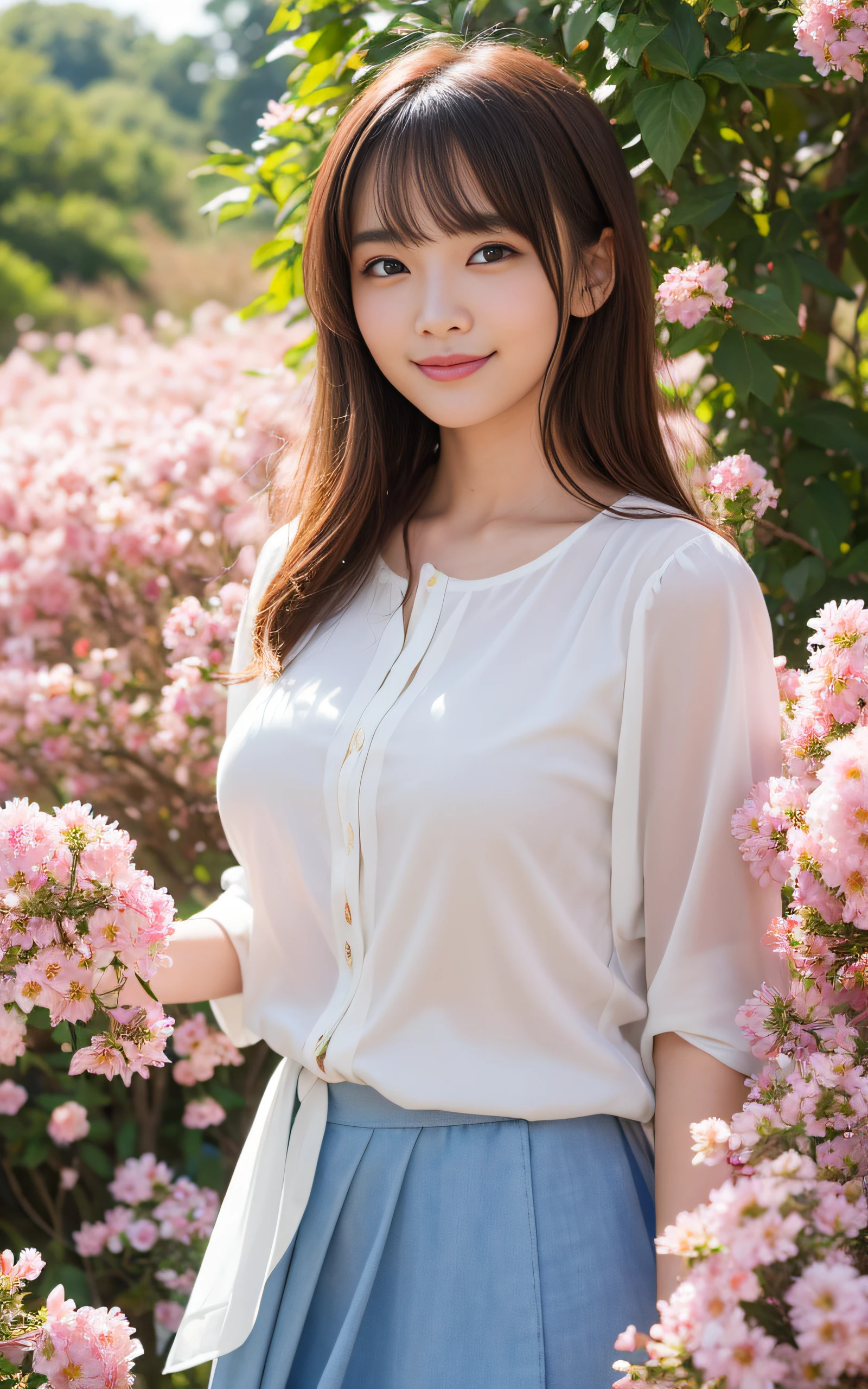 1 female、realistic、Asian、beautiful、smiling、、brown hair、long hair、See-through、M-shaped spread legs、slim、big breasts、valley、cherry blossoms、Seductive style、sunlight、masterpiece、ultra high resolution、、perfect lighting、16K