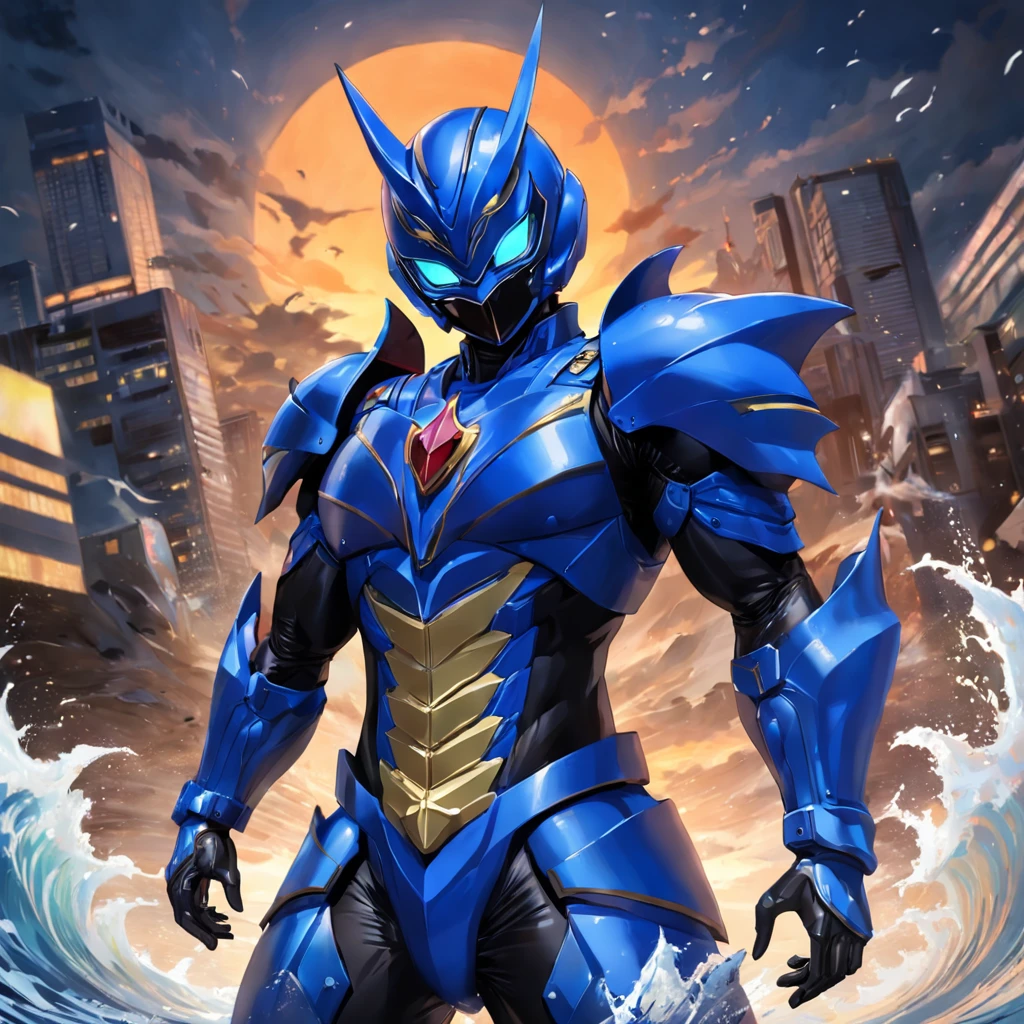Kamen Rider,Batman helmet,Blue armor,Armed with a water gun,Sea backgroun,Sci-fi hero,top-quality,tmasterpiece,cruel