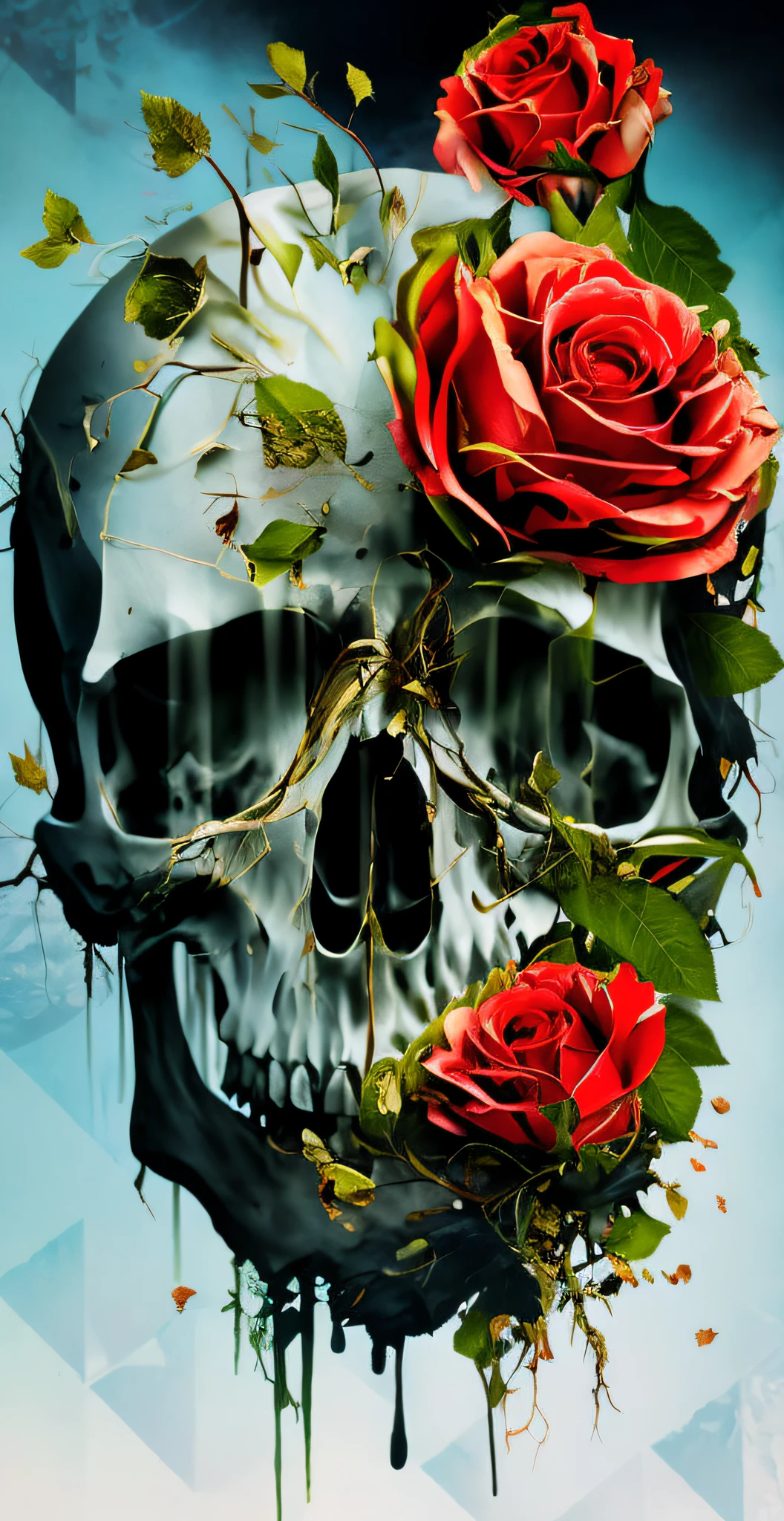 a skull with roses and leaves, fantasy skull, arte digital altamente detalhada, arte digital altamente detalhada, arte vetorial altamente detalhada, arte mais detalhada, Arte digital escura, mas detalhada, skull design for a rock band, pintura digital altamente detalhada, 8k arte detalhada de alta qualidade, death skull, ((skull)), Arte altamente detalhada em 4K, half skull half face