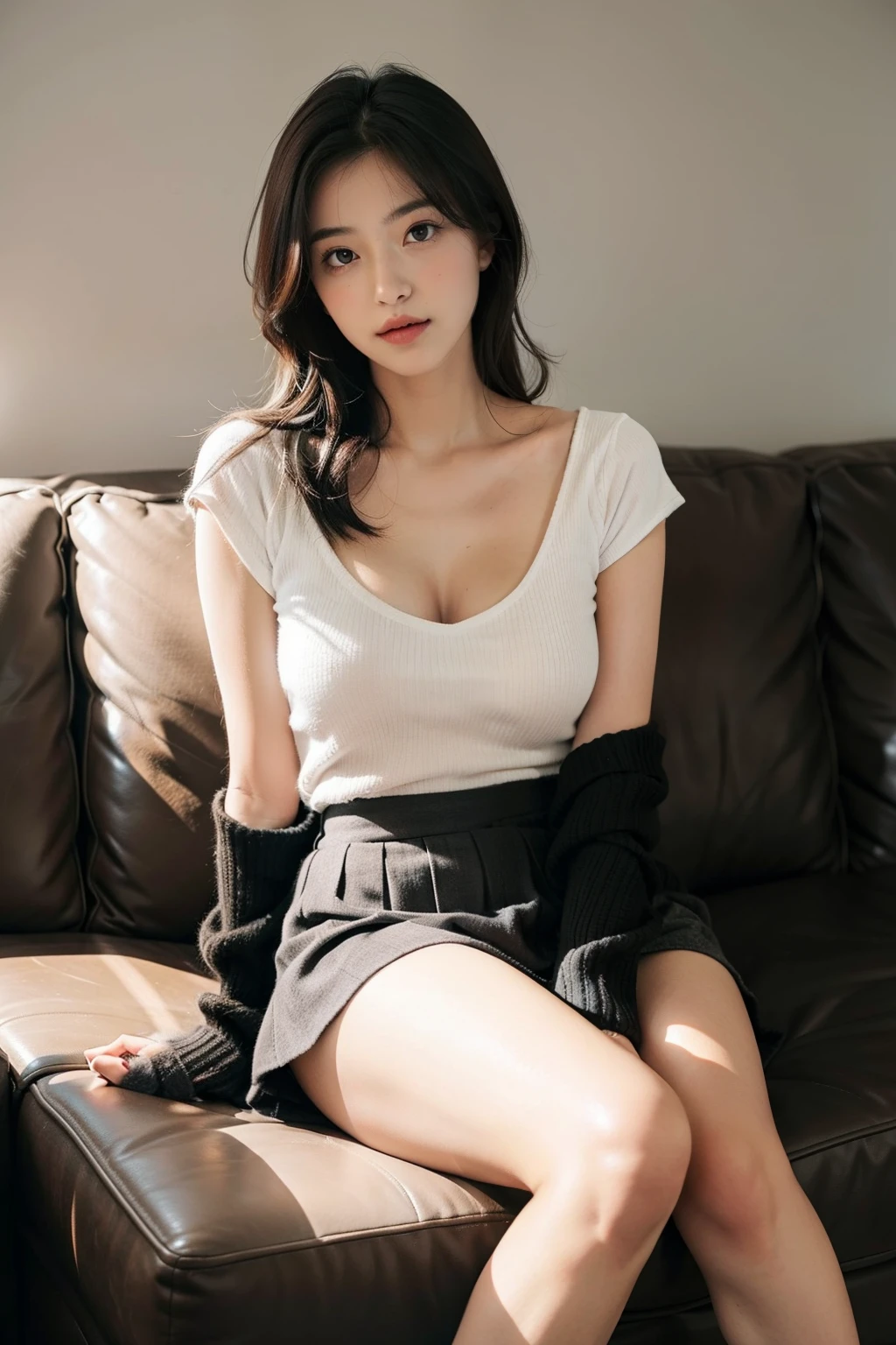 (13-year-old with open crotch),s ass、Legs spread pose:1.3、(16 K,8K、Highest image quality, The best illustrations, Ultra-photorealistic photos)、Young child face:1.6,(Large double eyelids)、Open your mouth a little:0.2、(Chest of details),（cleavage of the breast:1.7）、Wear an off-the-shoulder shirt:1.7、Wear a white pleated skirt:1.7、Black Panties Focus:3.1、(houseplant),Sofa in the sunroom of England、Photograph the whole body:1.73